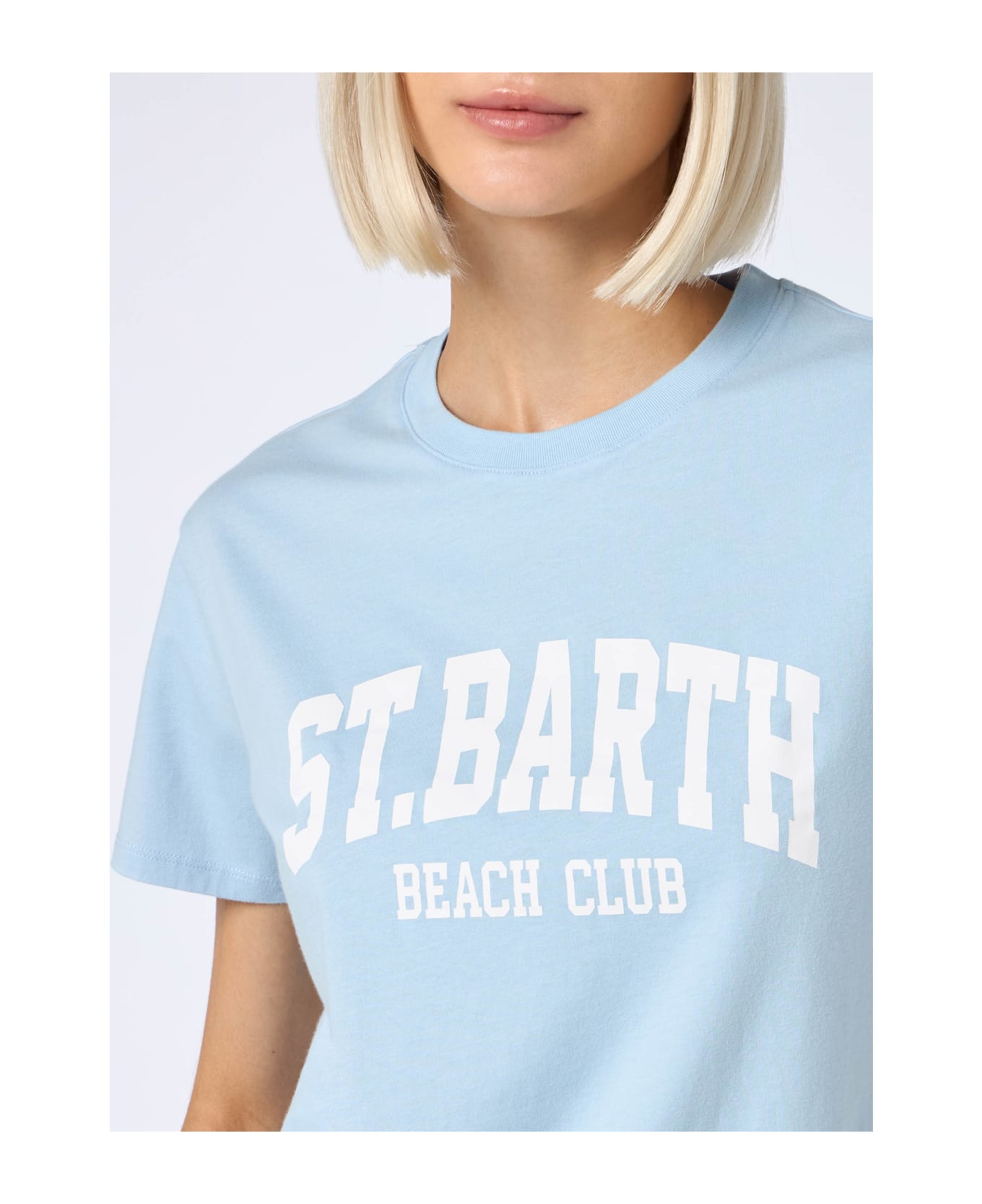 MC2 Saint Barth Woman Cotton Jersey Crewneck T-shirt Emilie With St Barth Beach Club Print - SKY