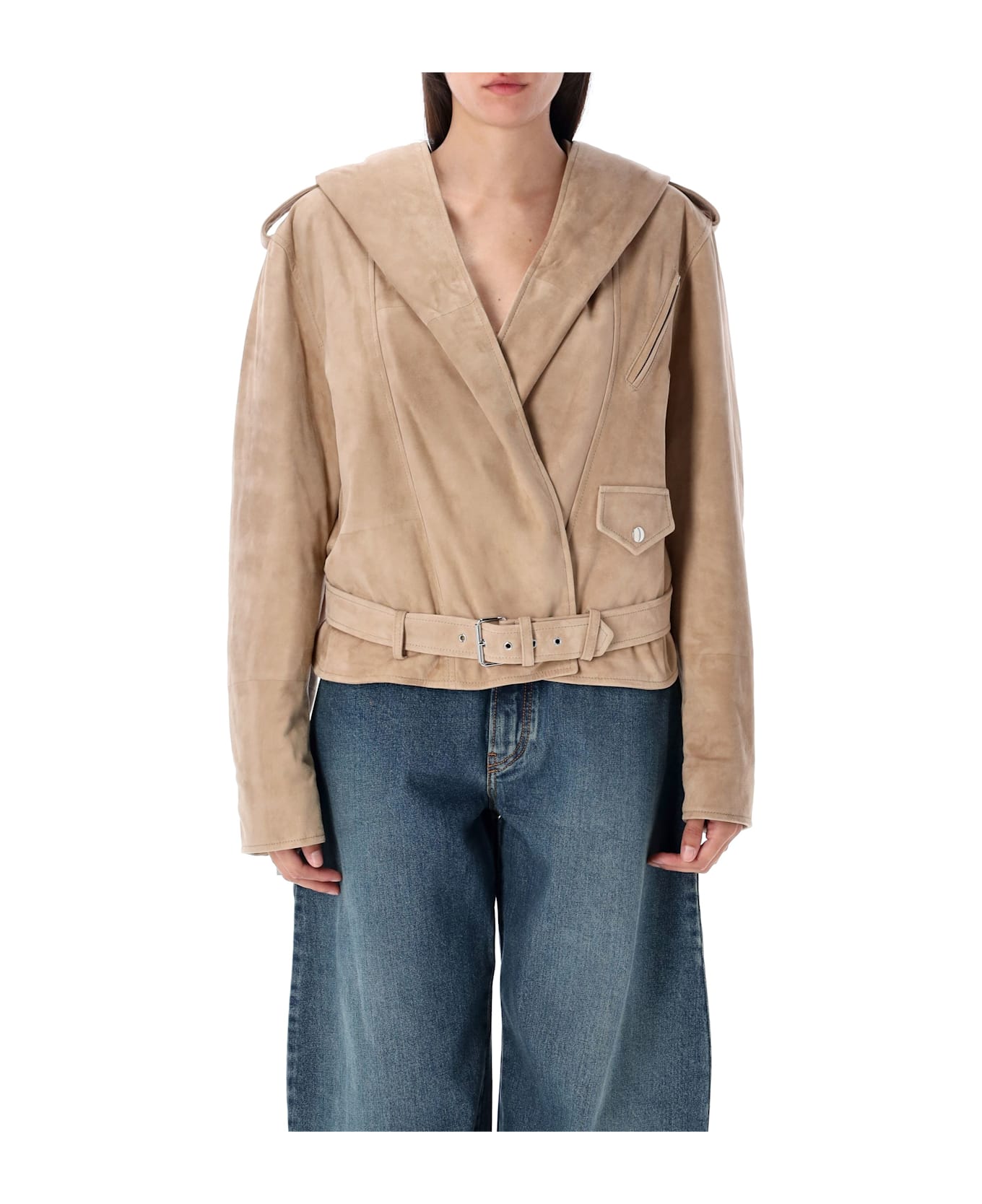 Alaia Suede Hooded Biker Jacket - BEIGE CLAIR