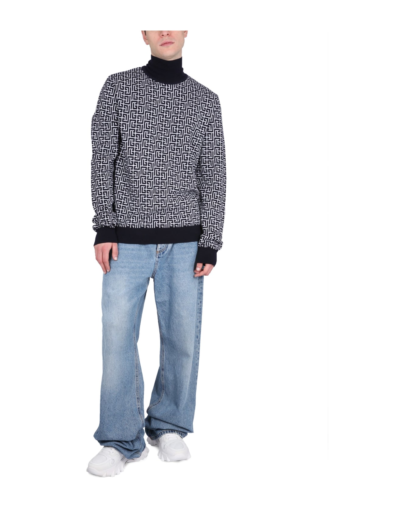 Balmain Two-tone Wool Blend Sweater - Ggd Blanc Bleu Marine Fonce ニットウェア