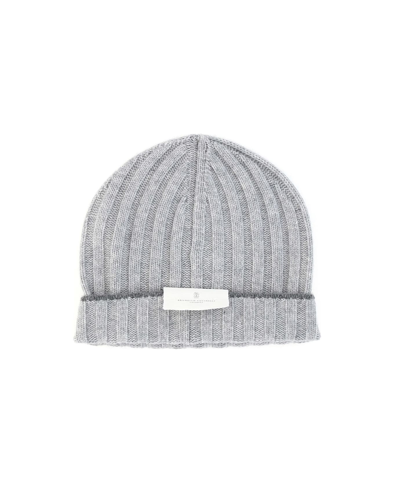 Brunello Cucinelli Cashmere Ribbed Knit Beanie - Grigio Chiaro/grigio Scuro