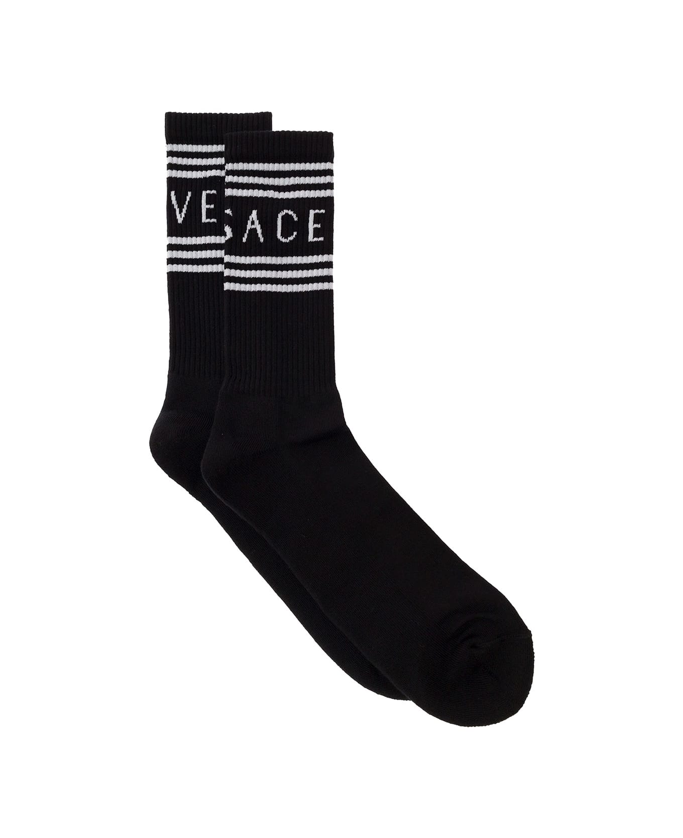 Versace Black Cotton Socks With Logo - Black 靴下