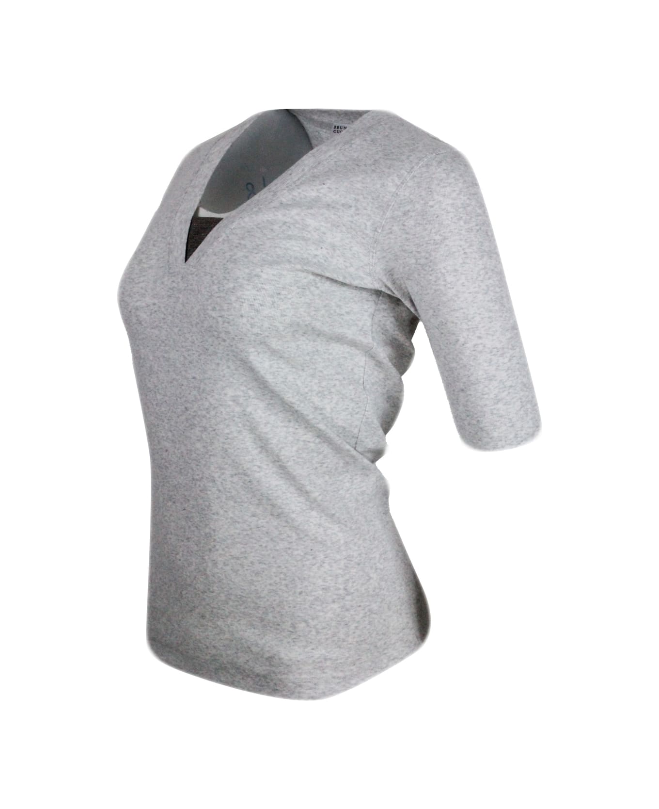 Brunello Cucinelli Long-sleeved V-neck T-shirt In Ribbed Stretch Cotton With Monili Triangle On The Neckline - Grey