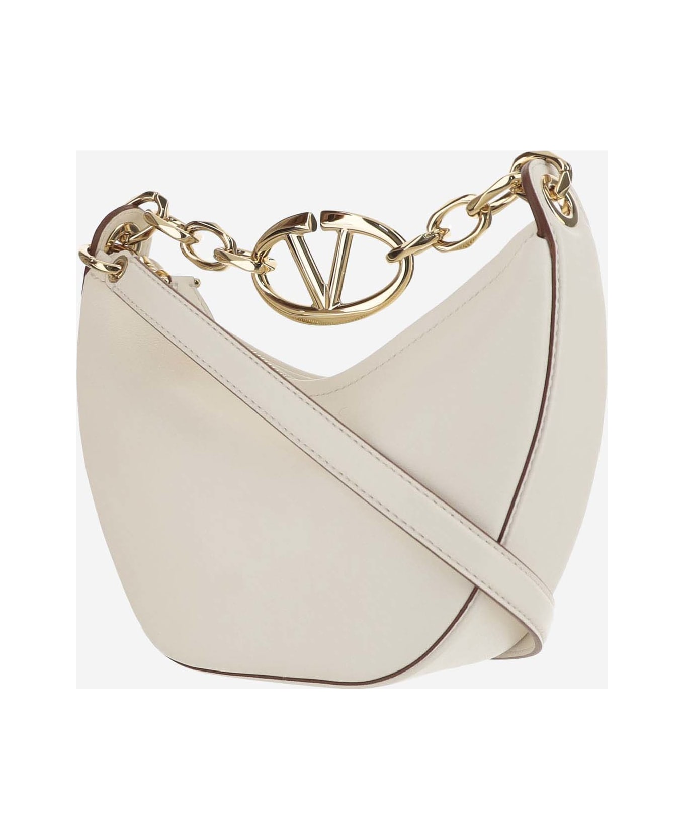 Valentino Garavani Mini Hobo Vlogo Moon Bag In Nappa Leather With Chain - White