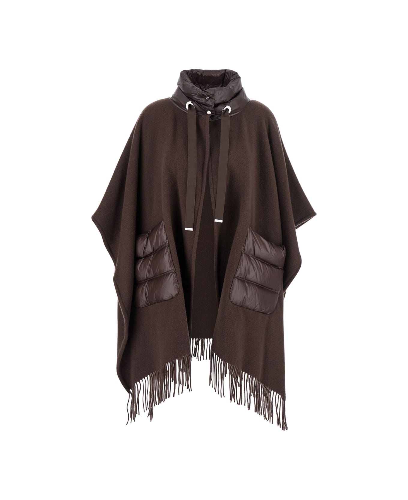 Herno Brown Cape With Drawstring Collar And Fringed Hem In Tech Fabric Woman - Fondente