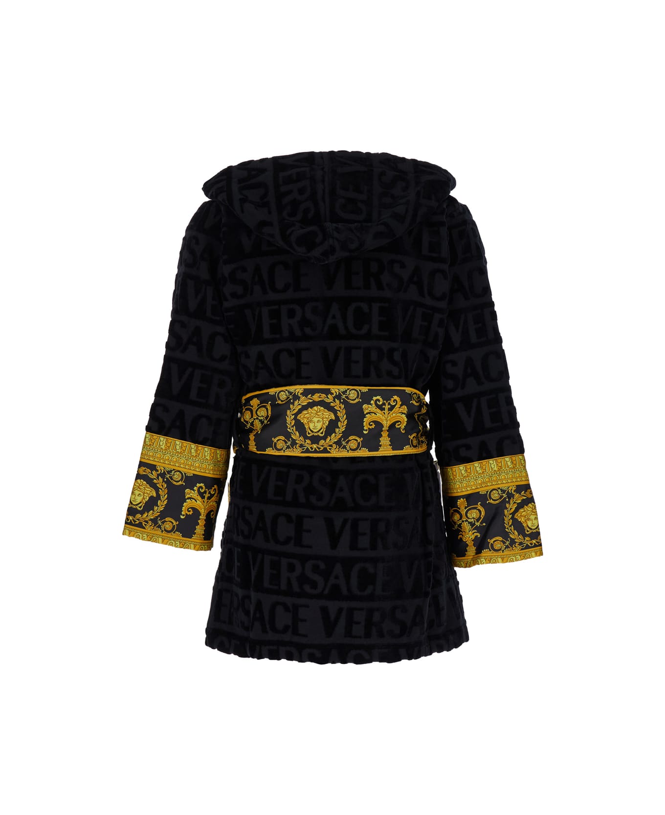 Versace Black Terry Cotton Bathrobe With Baroque Pattern - Black