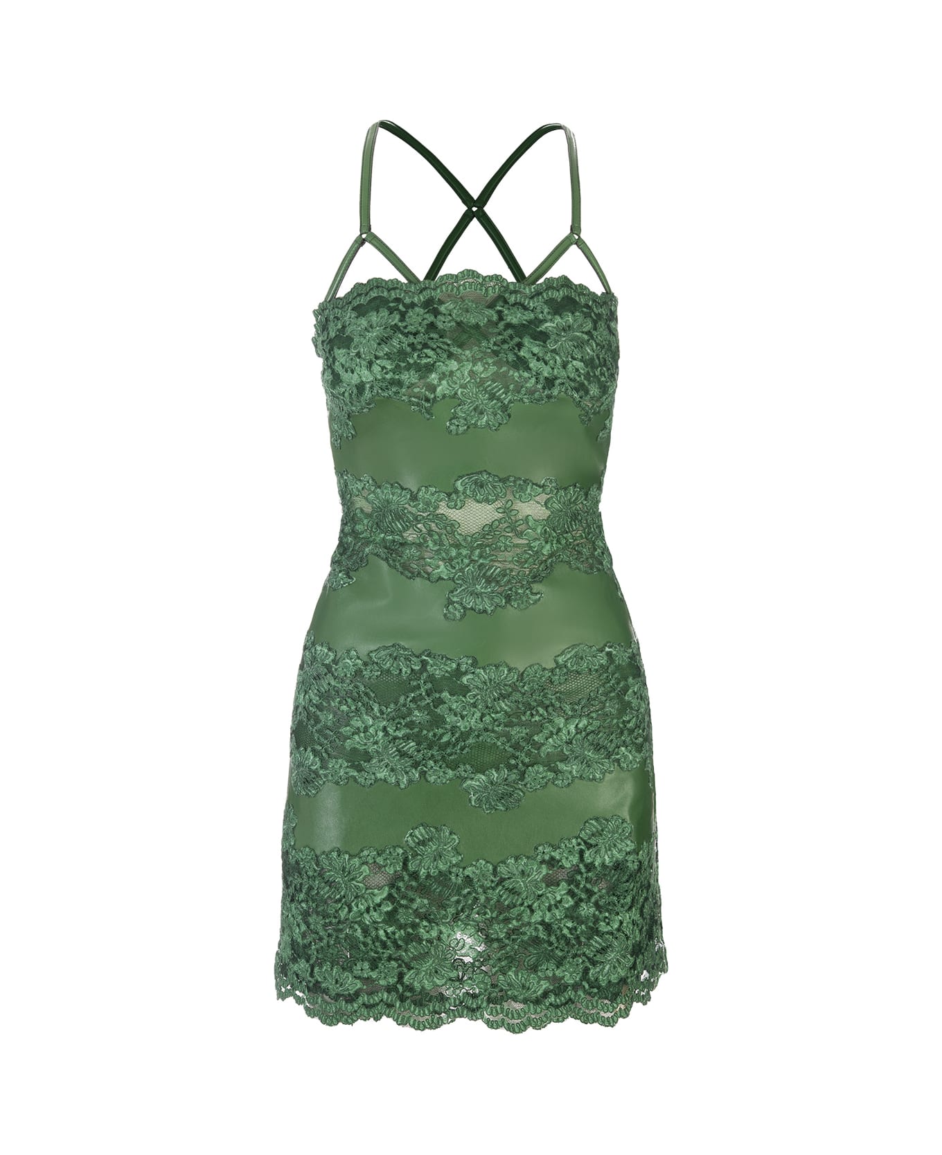 Ermanno Scervino Green Leather Mini Dress With Lace - Verde