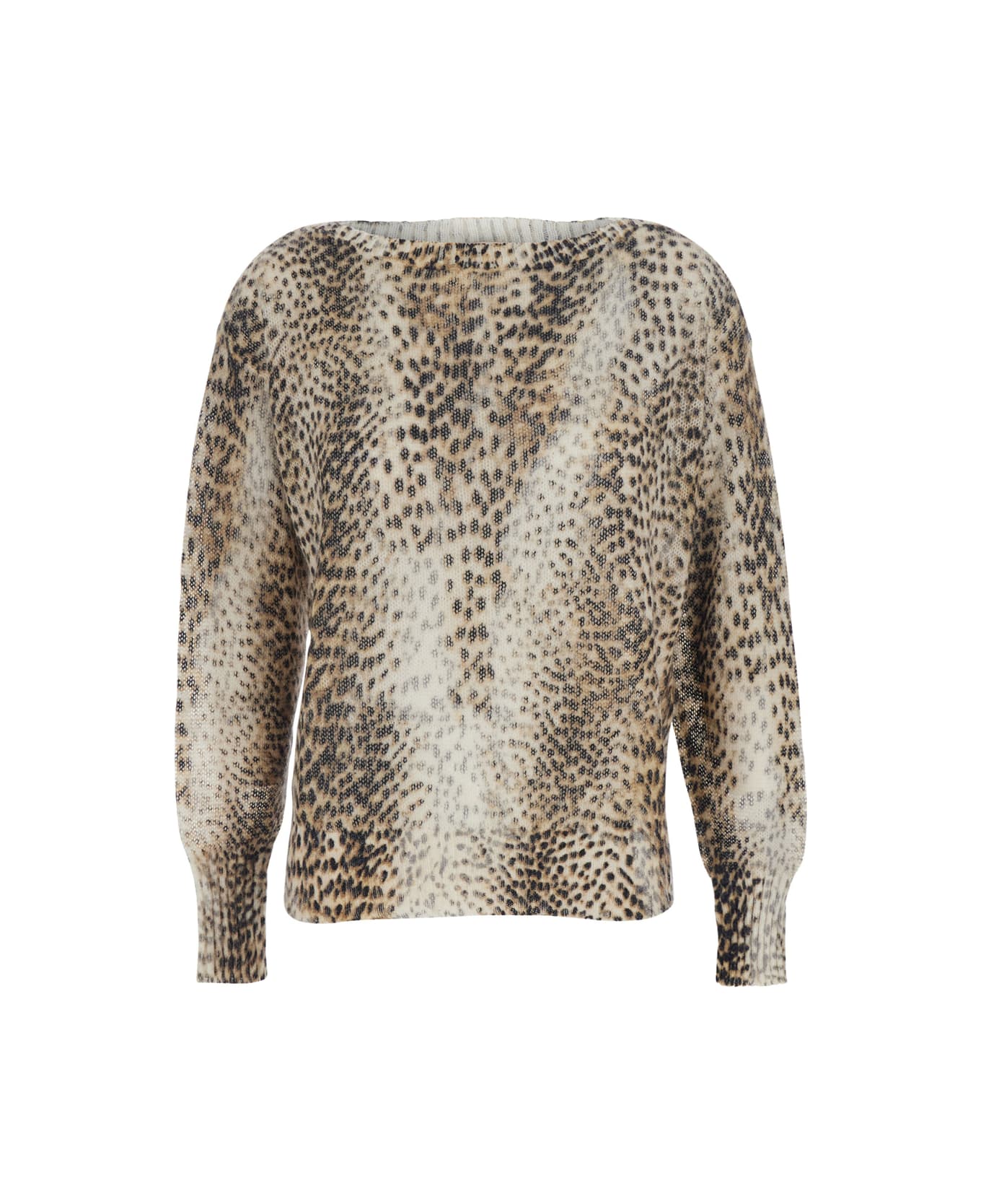 TwinSet Brown Crewneck Sweater With All-over Leopard Motif In Wool Blend Woman - Brown