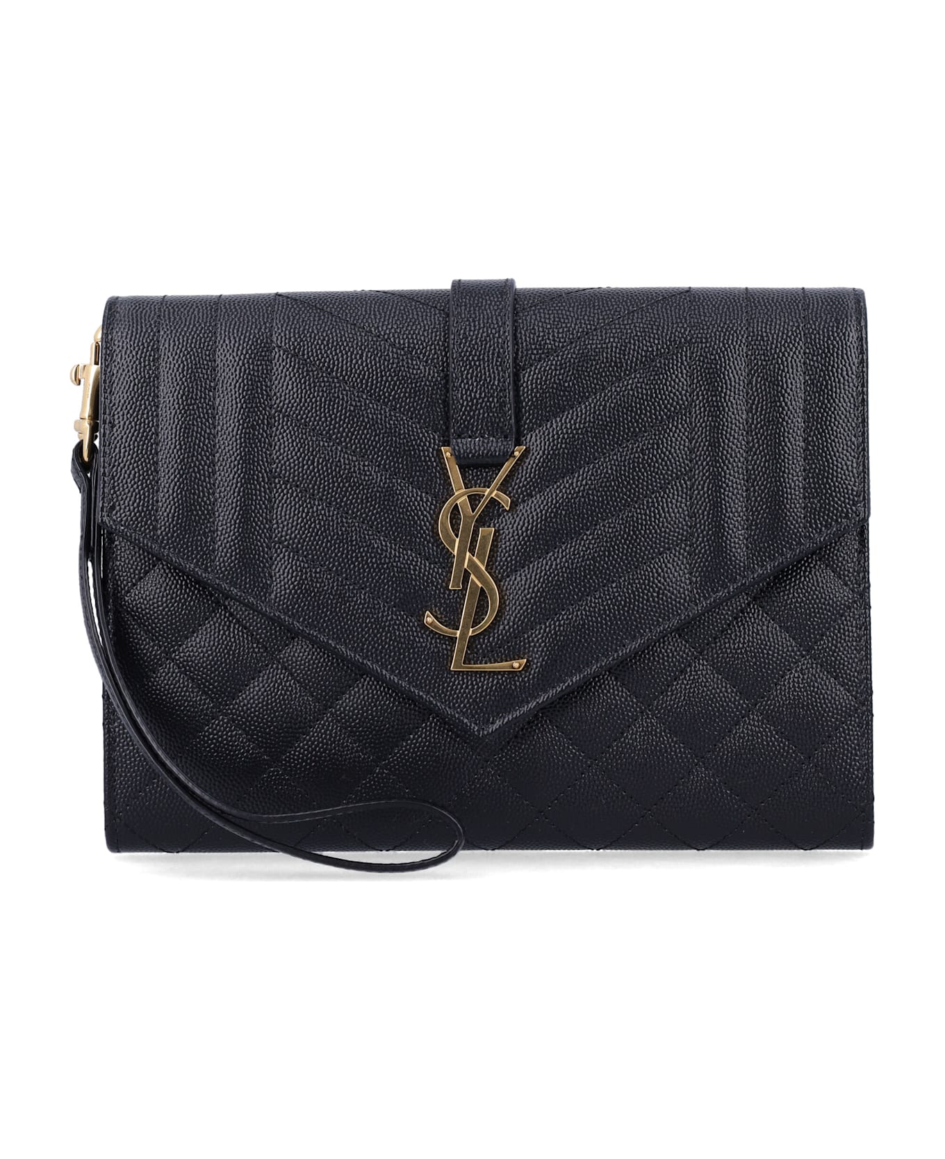 Saint Laurent Envelope Flap Pouch In Mix Matelassé Grain De Poudre Leather - BLACK