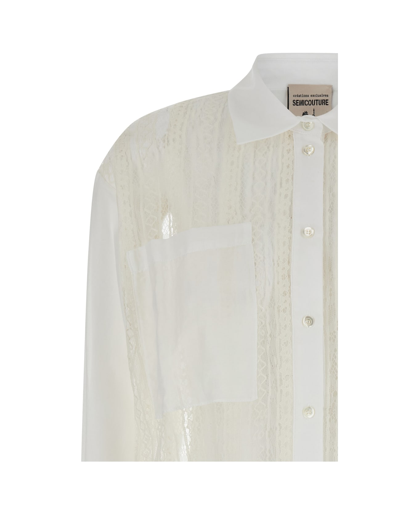 SEMICOUTURE White Panelled Lace Design Shirt In Cotton Blend Woman - White