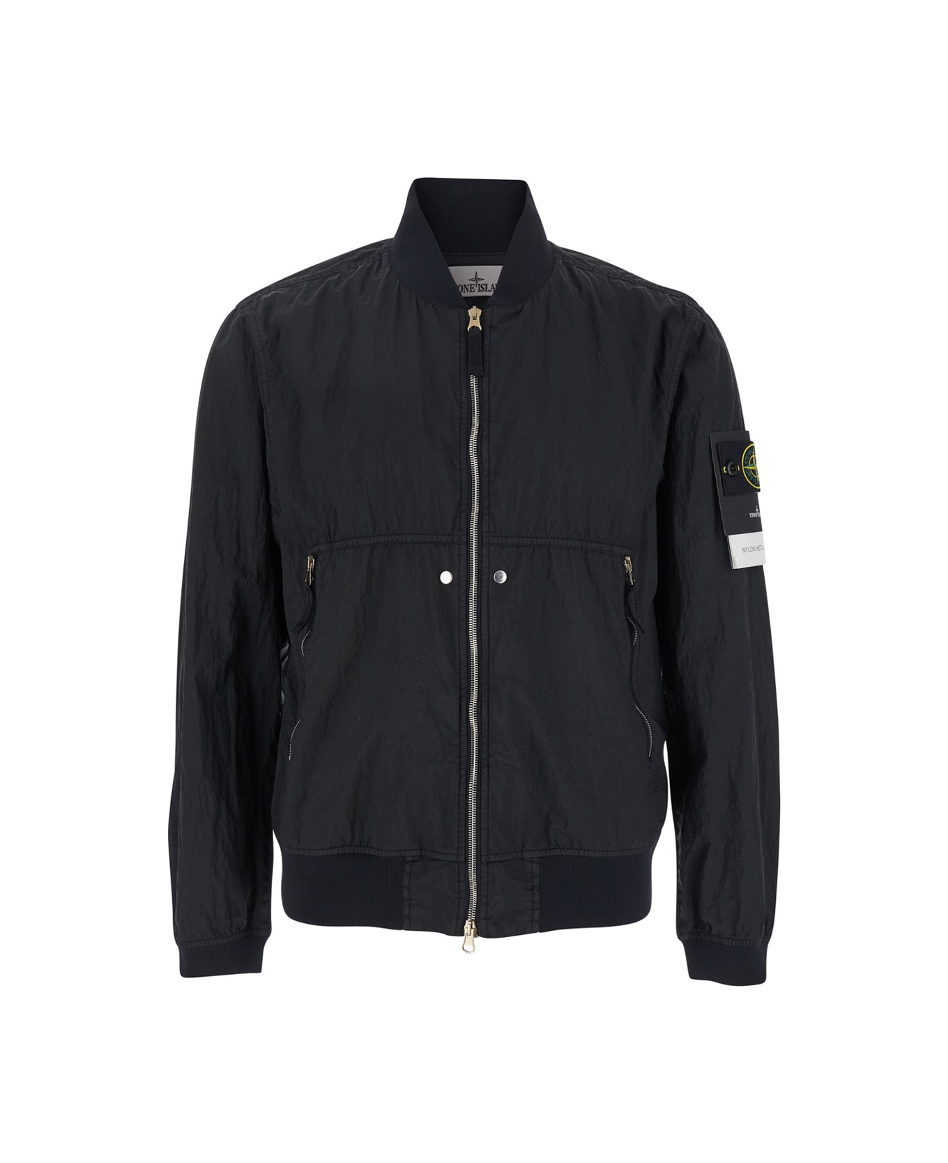 Stone Island Black Bomber Jacket With Front Zip Closure And Logo Patch On The Sleeve In Tech Fabric Man - Black コート