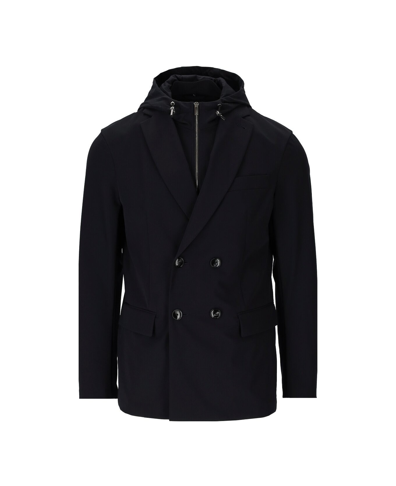 Emporio Armani Blue Double-breasted Hooded Jacket - Blu navy
