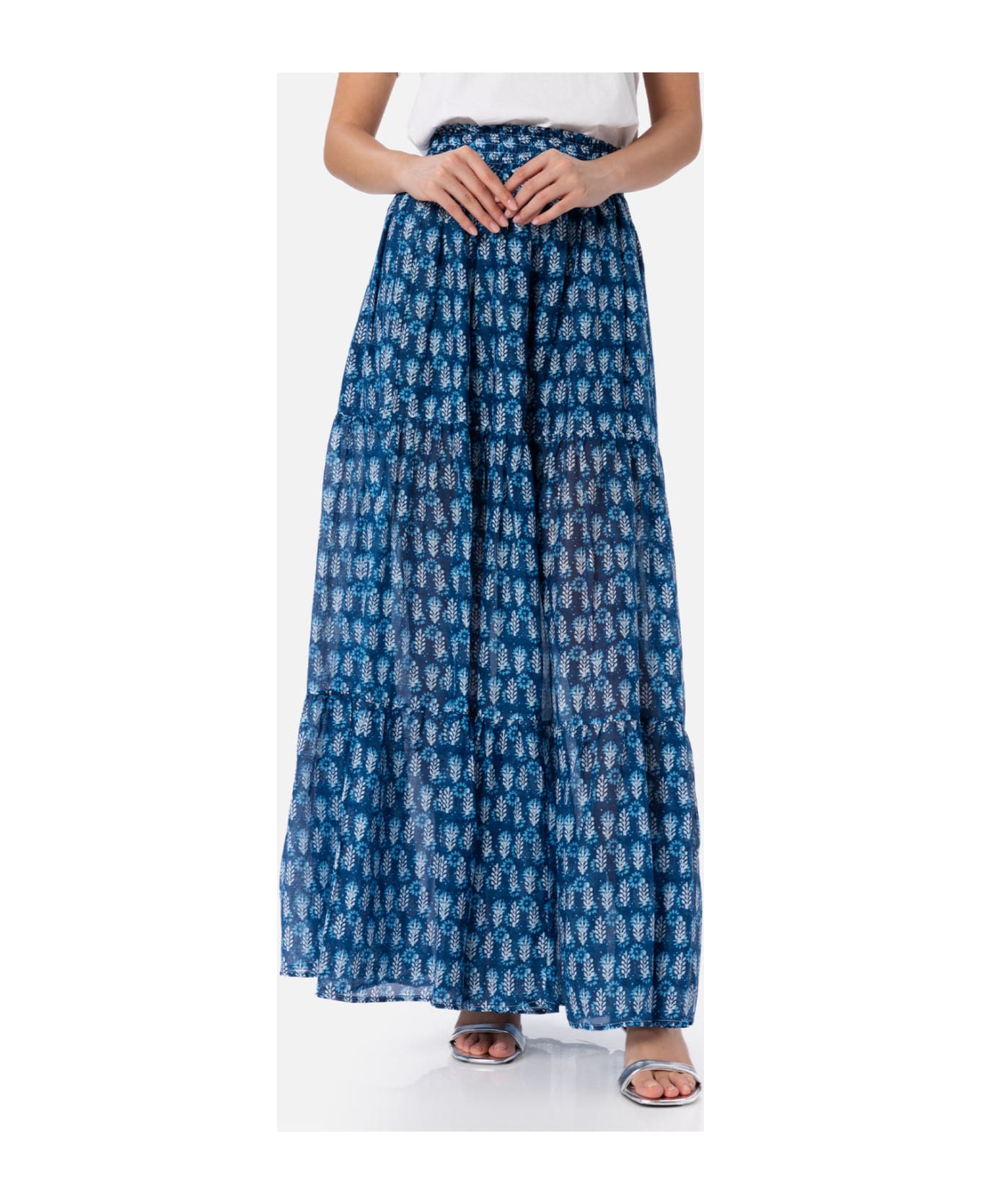 MC2 Saint Barth Woman Silk Voile Pleated Long Skirt Cheyenne - BLUE
