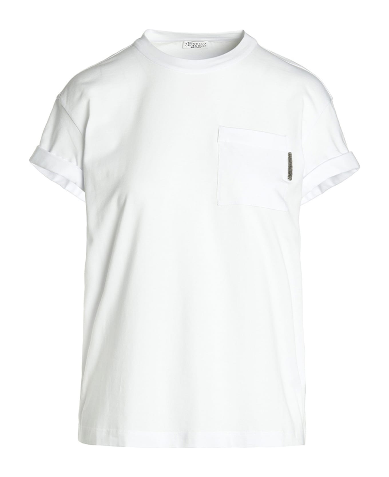 Brunello Cucinelli Crewneck T-shirt With Patch Pocket And Monile Detail In Stretch Cotton - White