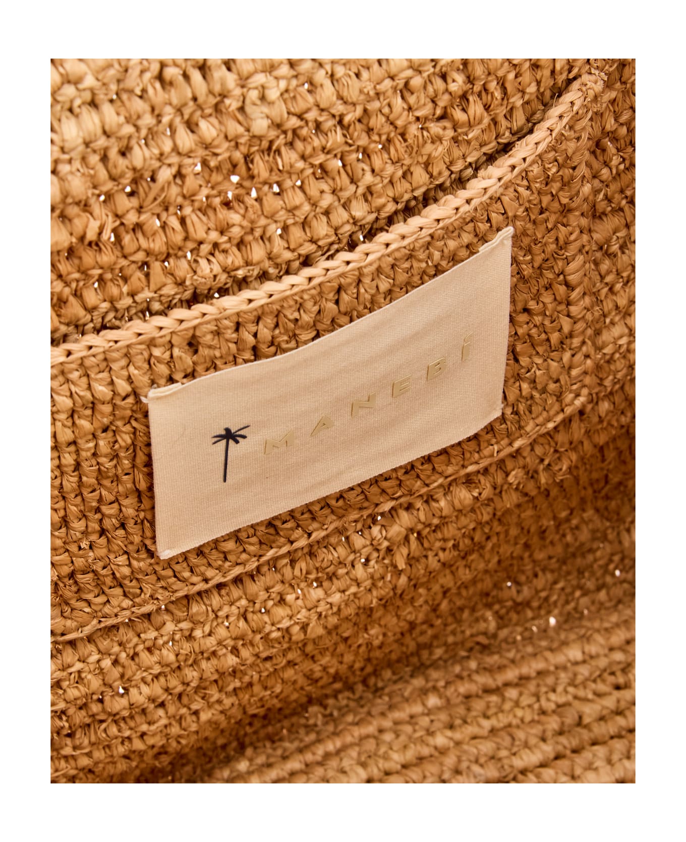 Manebi Squared Raffia Tote Bag W/palm Detail - Beige