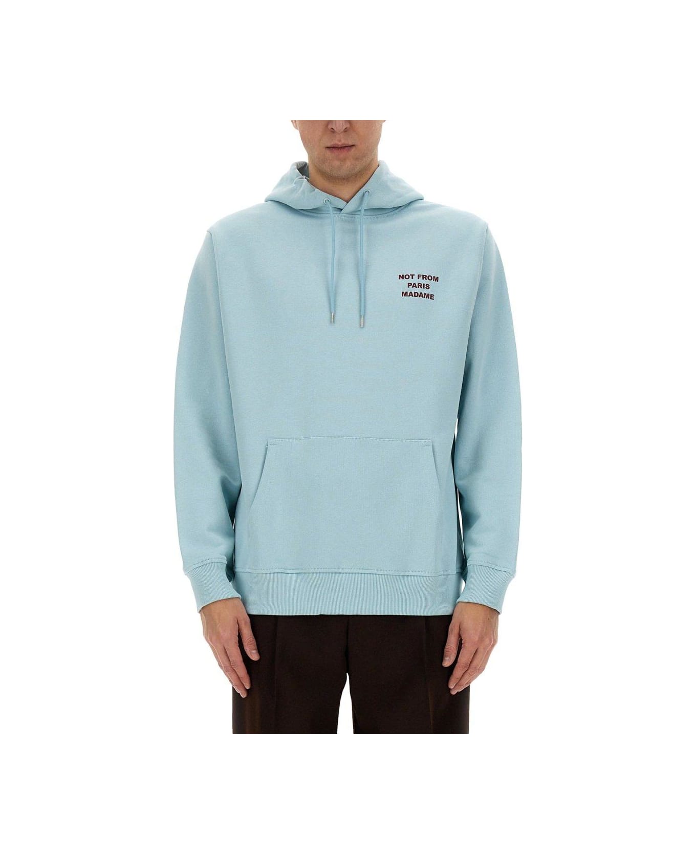 Drôle de Monsieur Slogan Printed Drawstring Hoodie - Light Blue