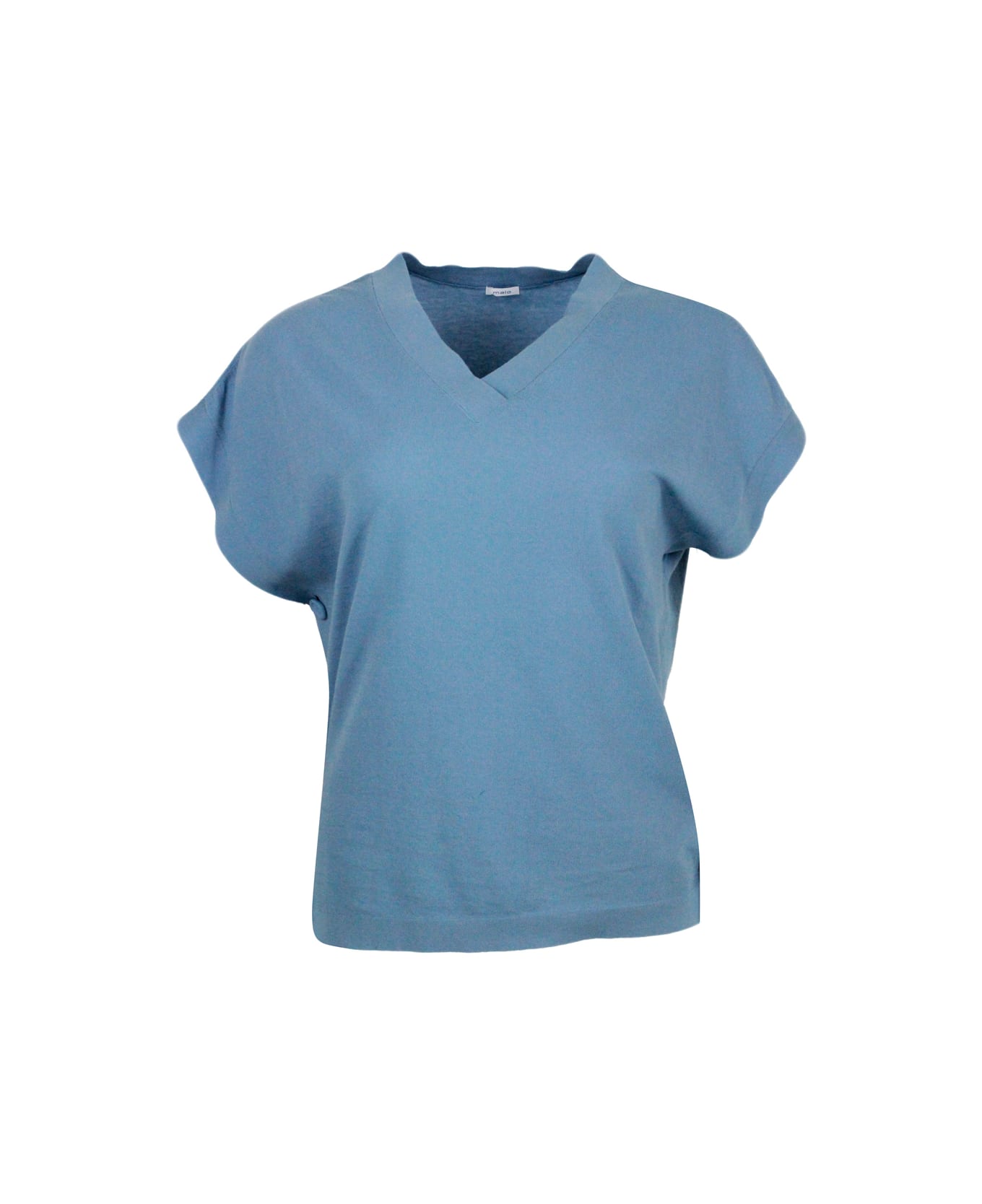 Malo Cotton Sweater With Sleeveless V-neck And Buttons On The Sides - Light Blu Tシャツ