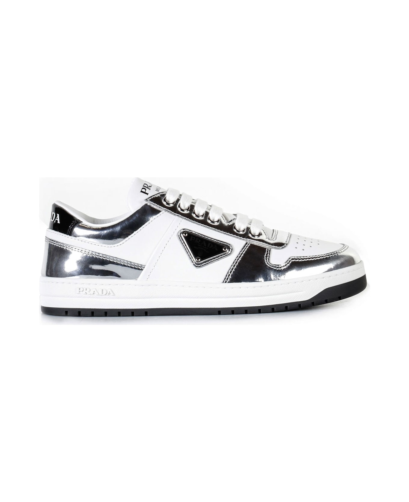 Prada Downtown Sneakers In Metallic Leather - BIANCO ARGENTO