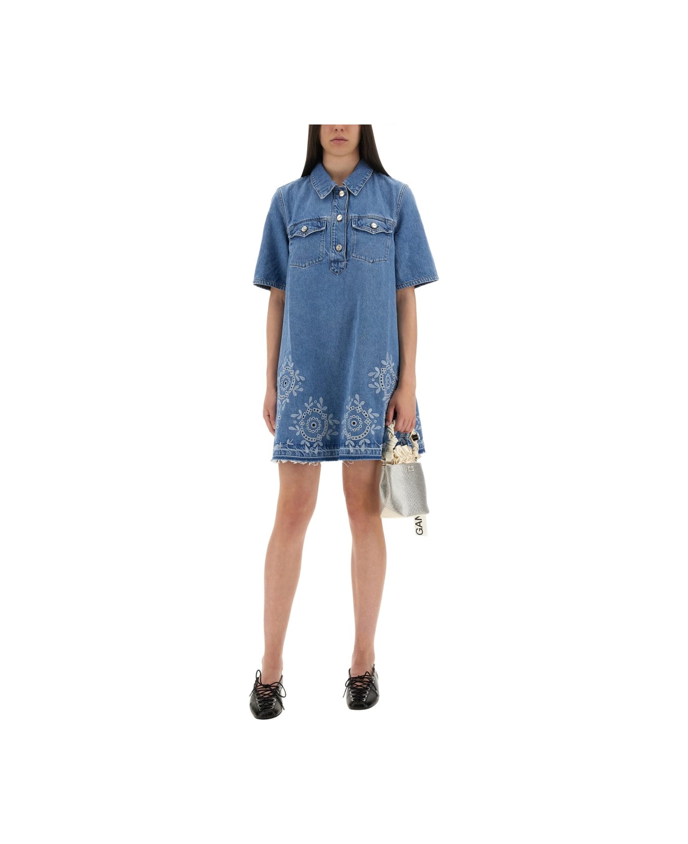 Ganni Mini Dress With Sangallo Embroidery - DENIM