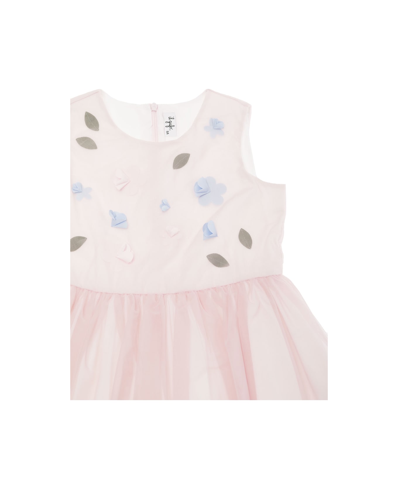 Il Gufo Pink Dress With Flowers Patch In Tulle Baby - Pink ボディスーツ＆セットアップ