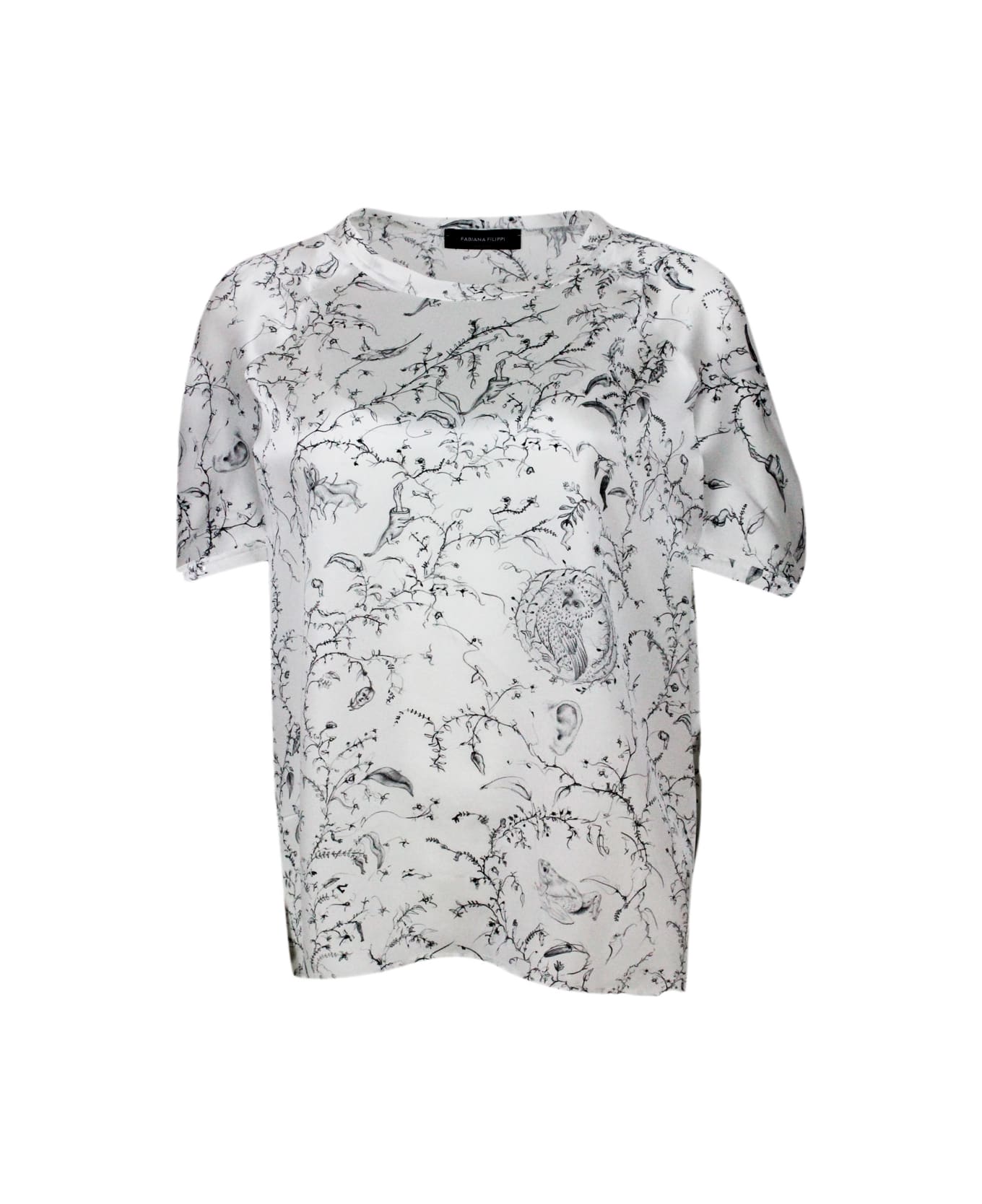 Fabiana Filippi Crew-neck, Short-sleeved, Oversized Silk Shirt With Branch Patterned Print - bianco