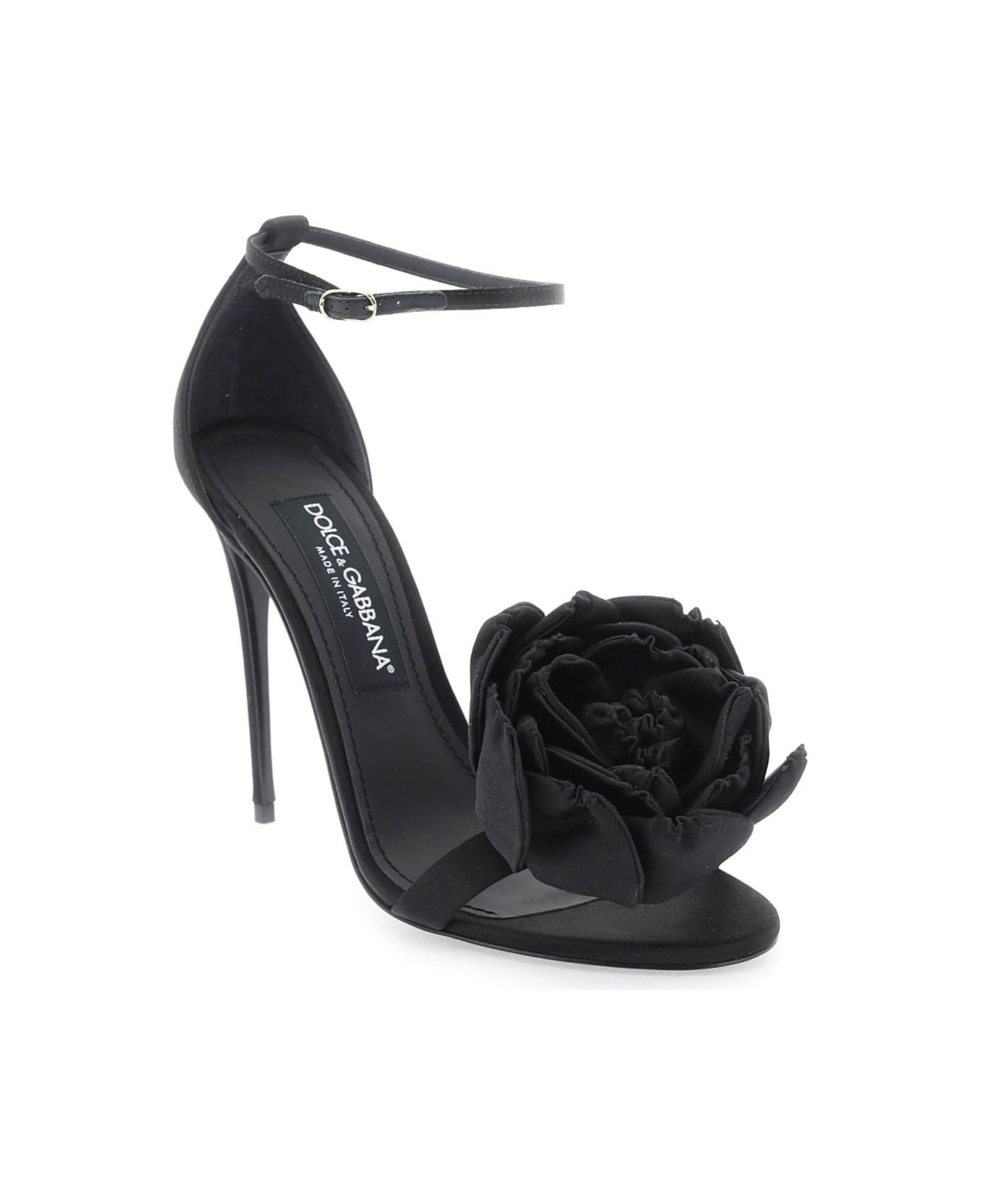 Dolce & Gabbana Satin Sandals With Floral Application - Black