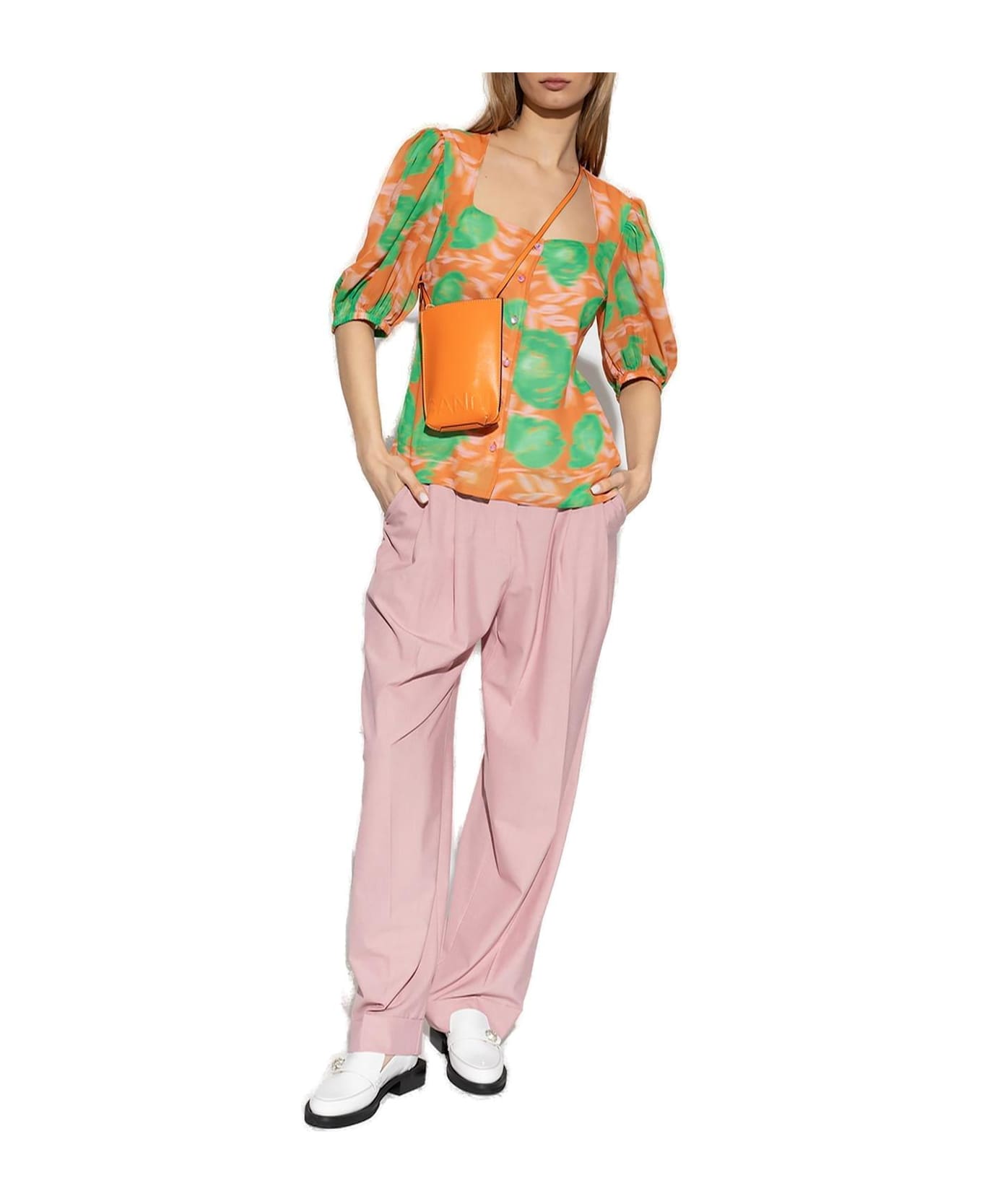 Ganni Floral-printed Button-up Crepe Blouse - Orange