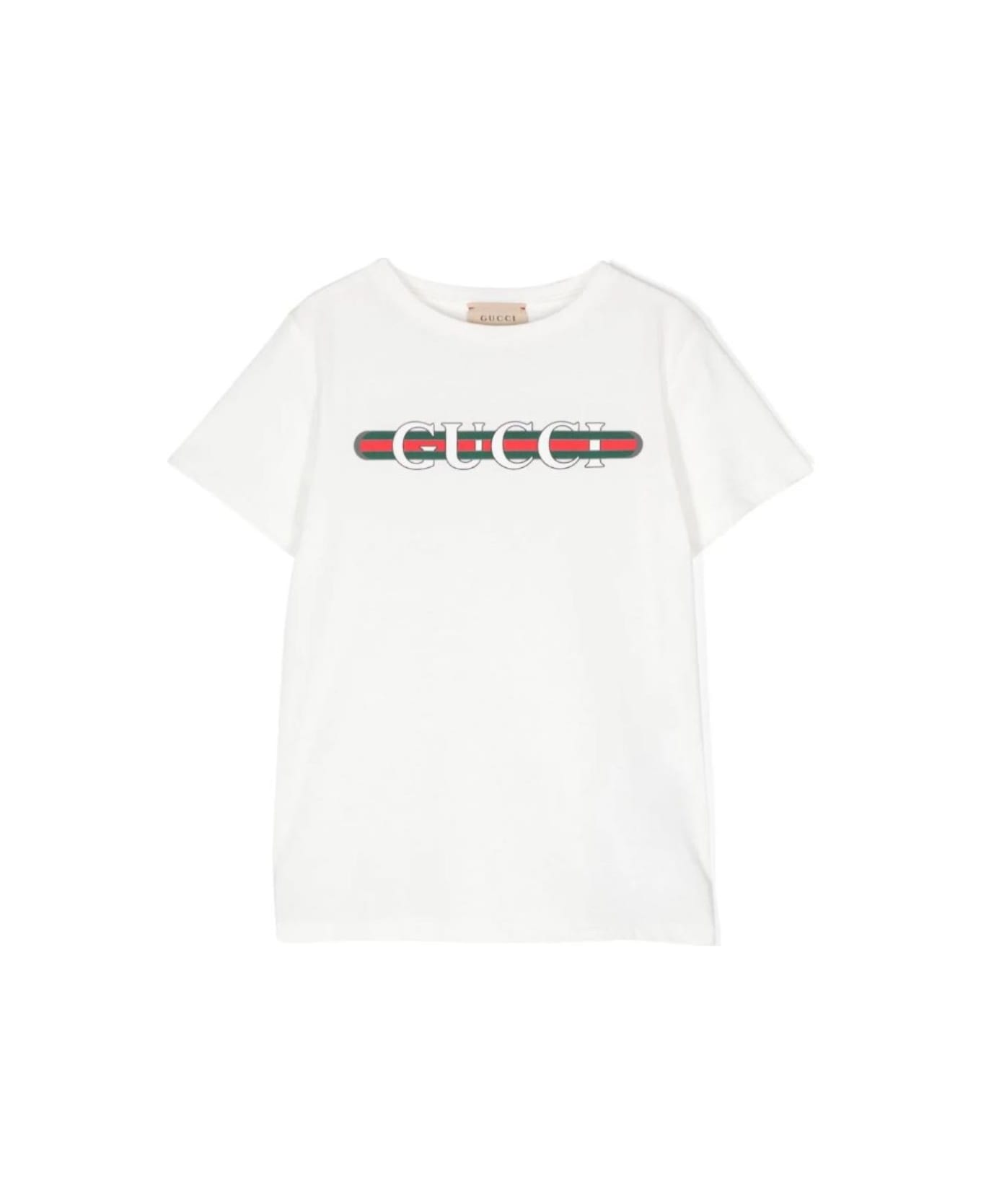 Gucci White T-shirt With Logo Print And Web In Jersey Boy - White