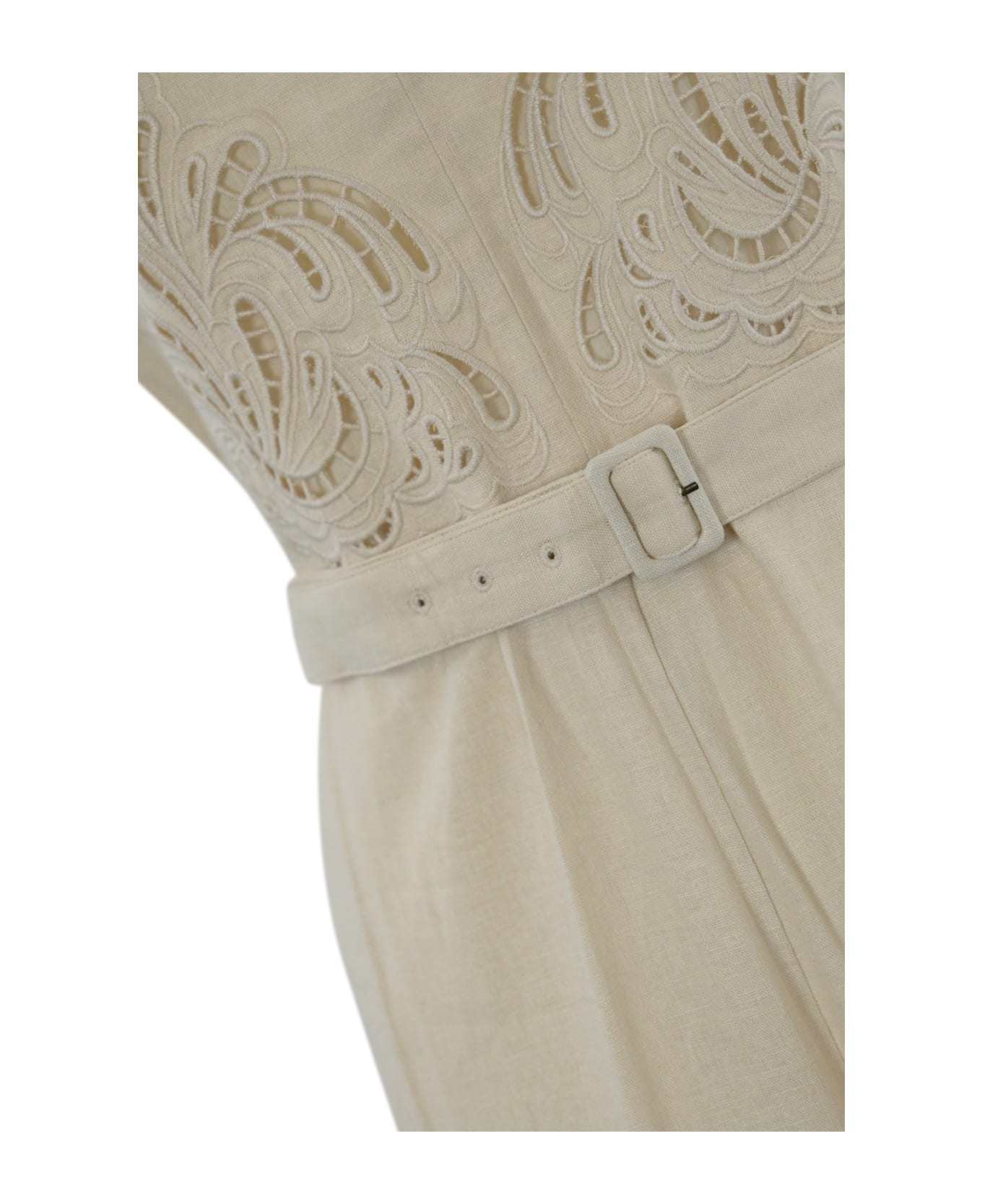 TwinSet Linen Blend Jumpsuit With Embroidery And Belt - Madreperla