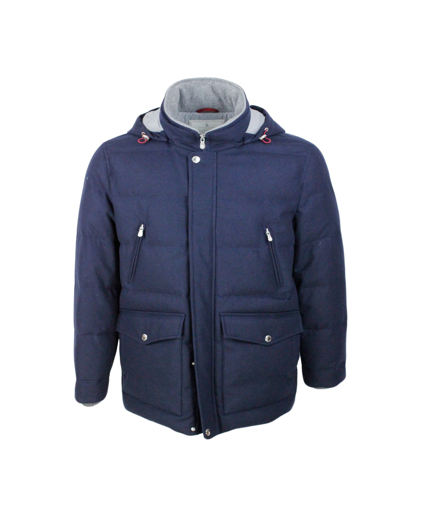 Brunello Cucinelli Down Jacket In Wool, Silk And Cashmere Padded With Fine Goose Down With Detachable Hood And Front Pockets - Blu