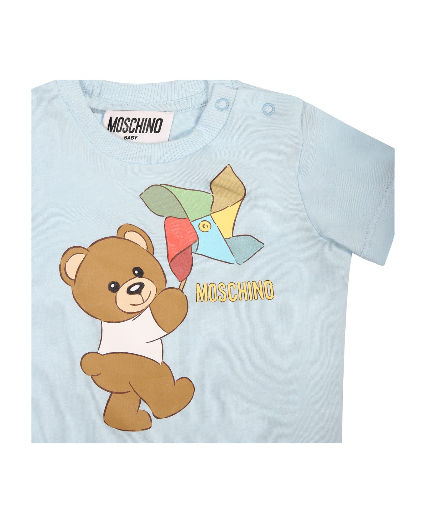 Moschino Light Blue Bodysuit For Baby Boy With Teddy Bear And Pinwheel - Light Blue ボディスーツ＆セットアップ