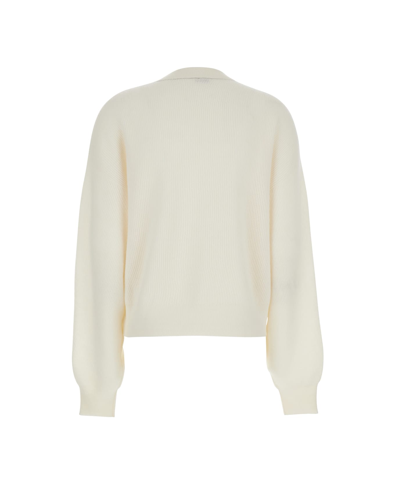 White Sweater With V-neck And Ribbed Design In Alpaca And Cotton Blend Woman - Thumbnail 3