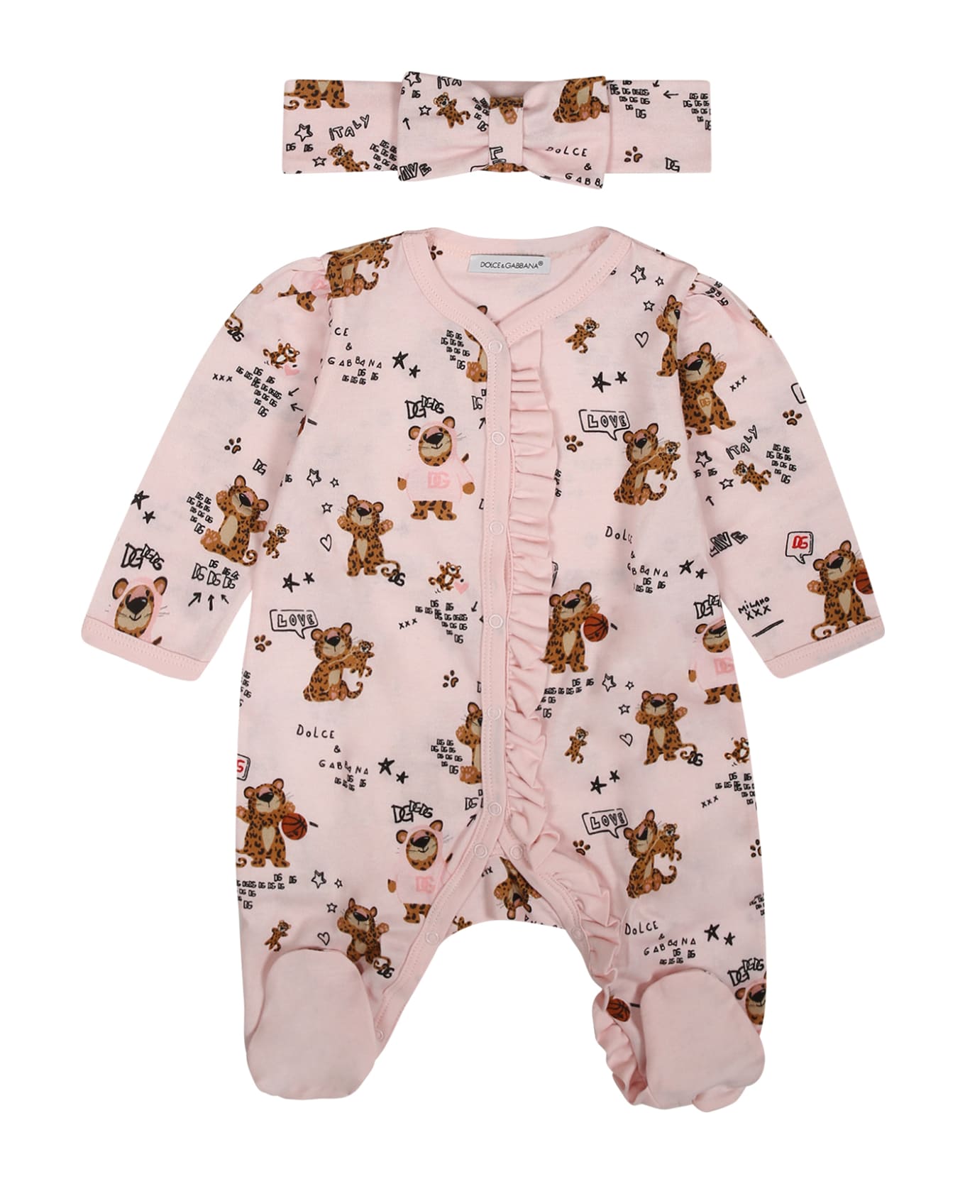 Dolce & Gabbana Pink Set For Baby Girl With Logo And Leopards - Pink ボディスーツ＆セットアップ