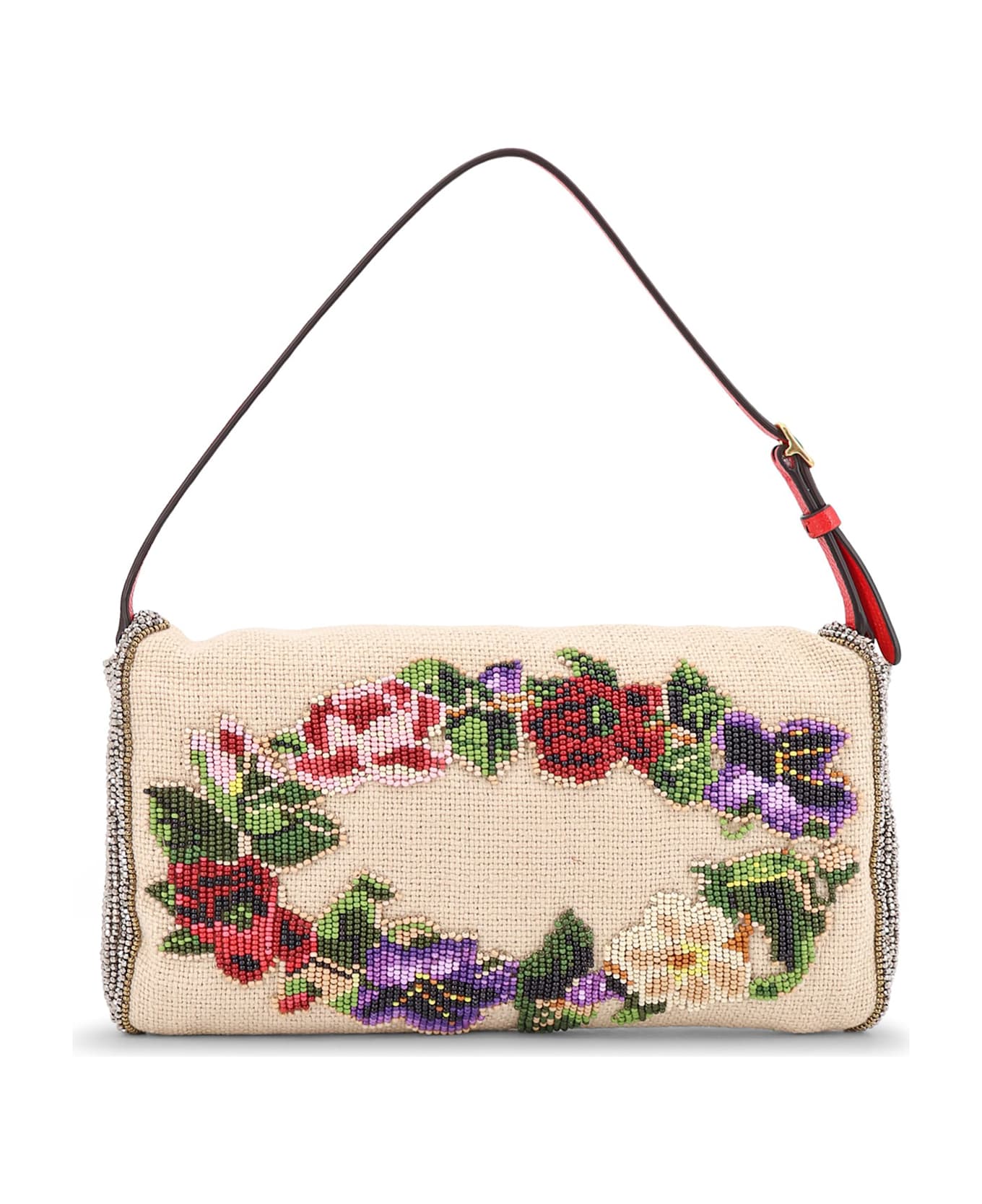 Valentino Garavani Vain Soft Beads Embroidered Linen Shoulder Bag - MULTICOLOR-NATURALE/ROUGE PUR