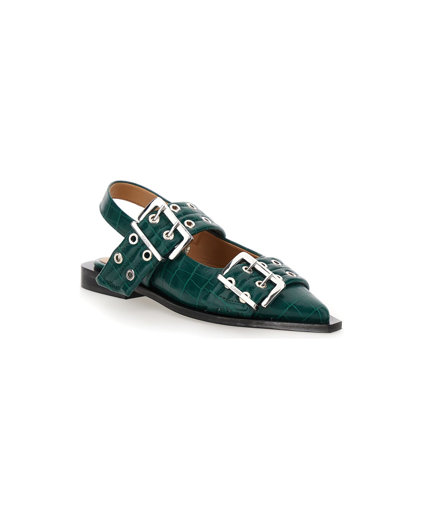 Ganni Green Ballet Shoes With Double Buckle And Pointed Design In Leather Woman - Green