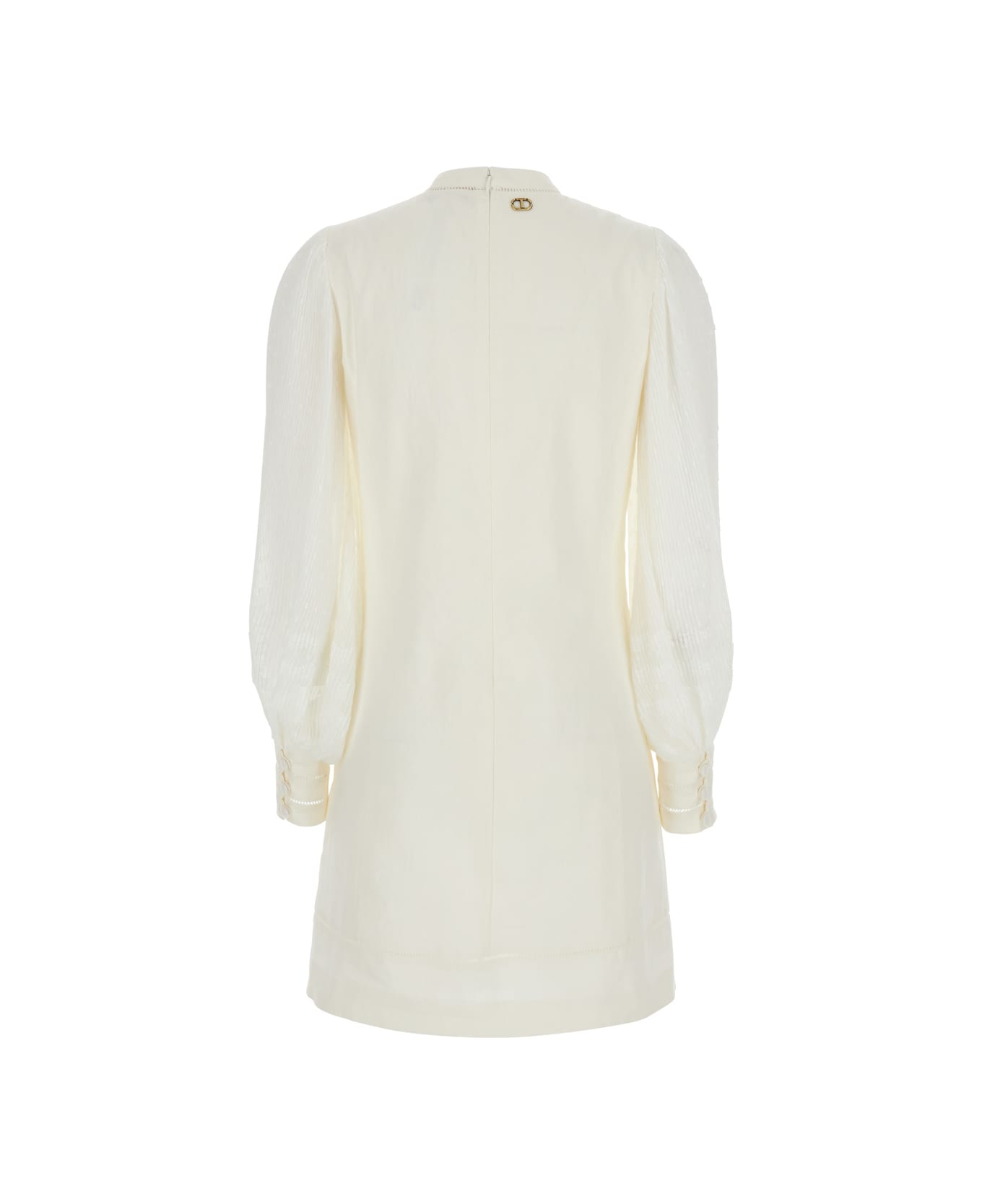 TwinSet White Dress With Logo Plaque On The Back And Openwork Detail On The Cuffs In Linen And Cotton Blend Woman - Ice