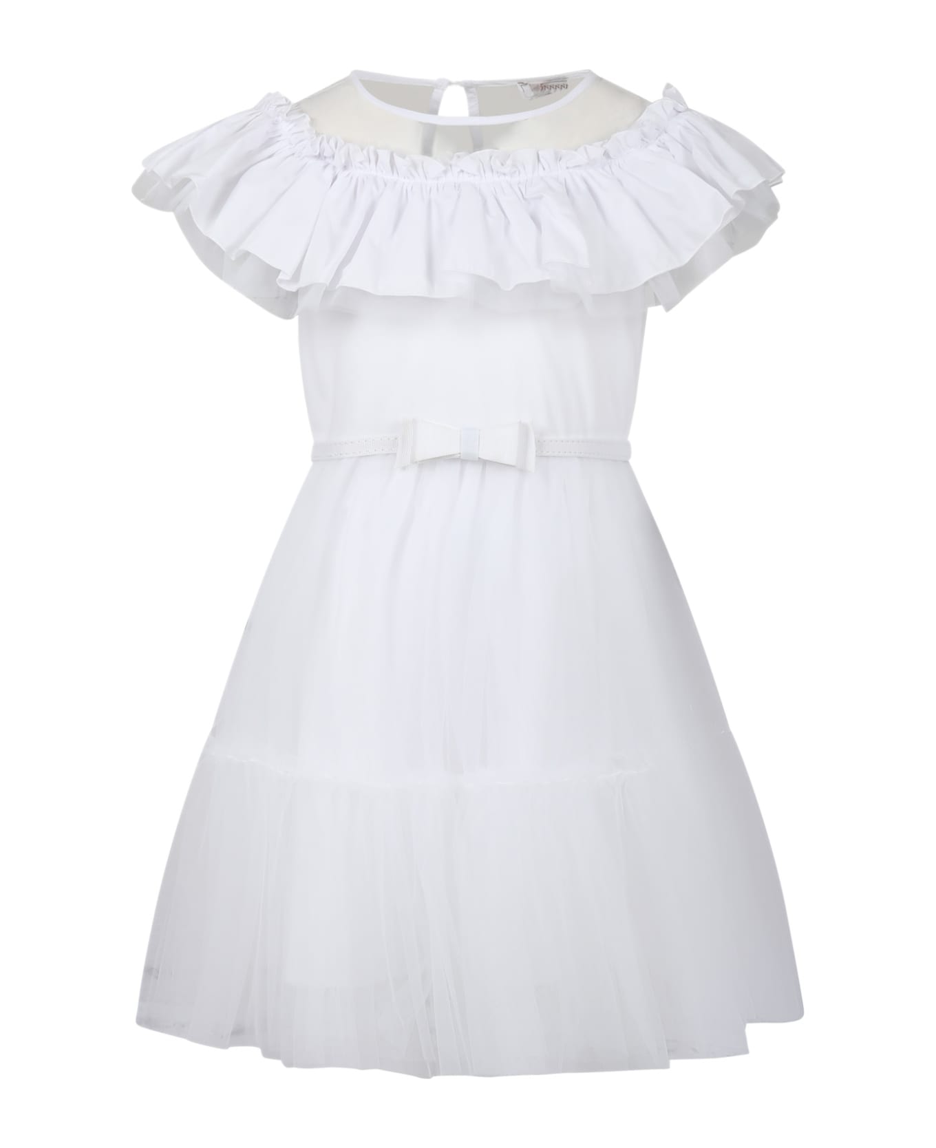 Monnalisa White Dress For Girl With Tulle And Ruffles - White