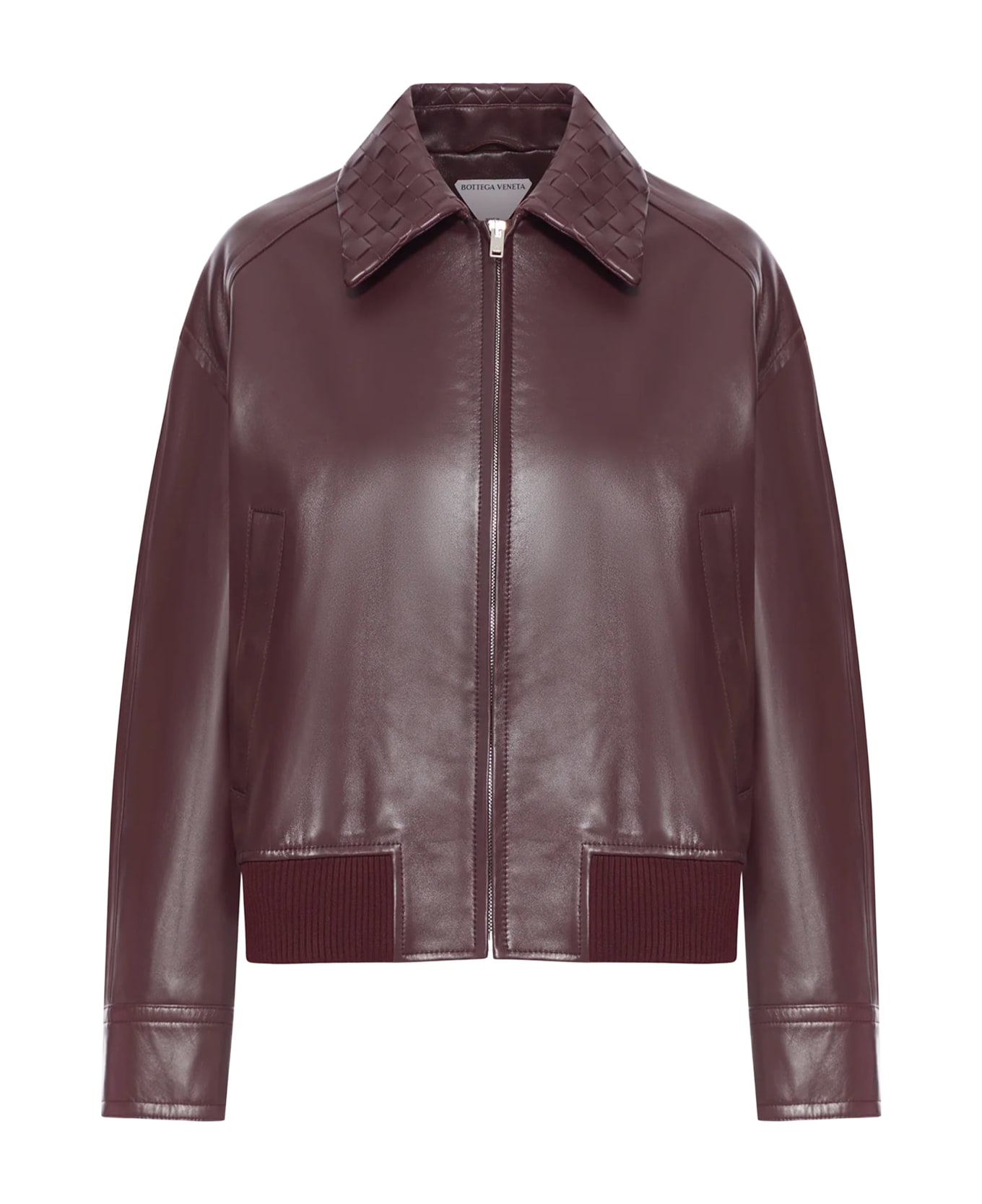 Bottega Veneta Leather Jacket With Intrecciato Motif Collar - BORDEAUX