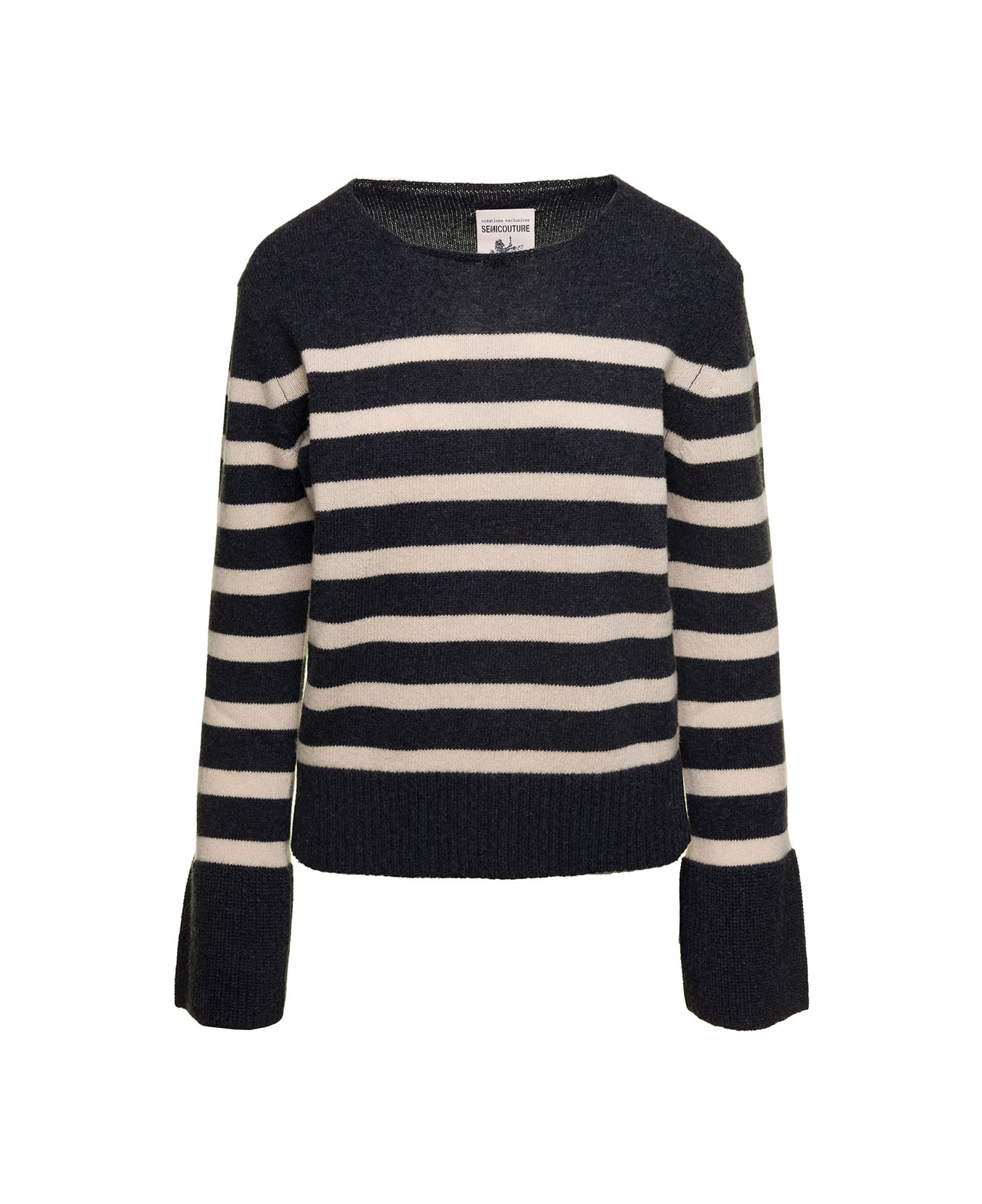 SEMICOUTURE Grey Striped Sweater With Wide Crewneck And Long Sleeves In Wool Woman - Grey ニットウェア