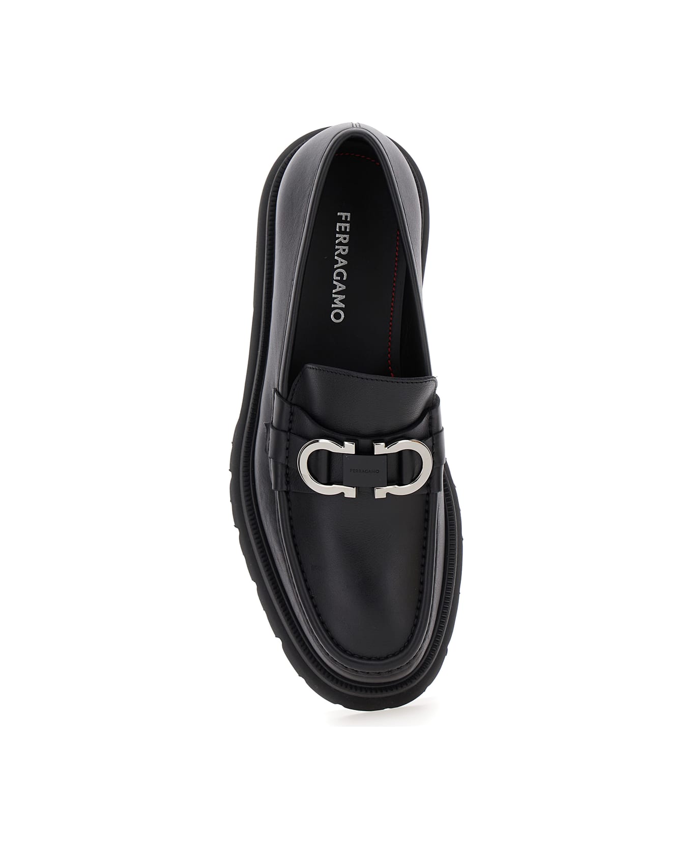 Ferragamo Black Loafers With Platform And Gancini Detail In Leather Man - Black