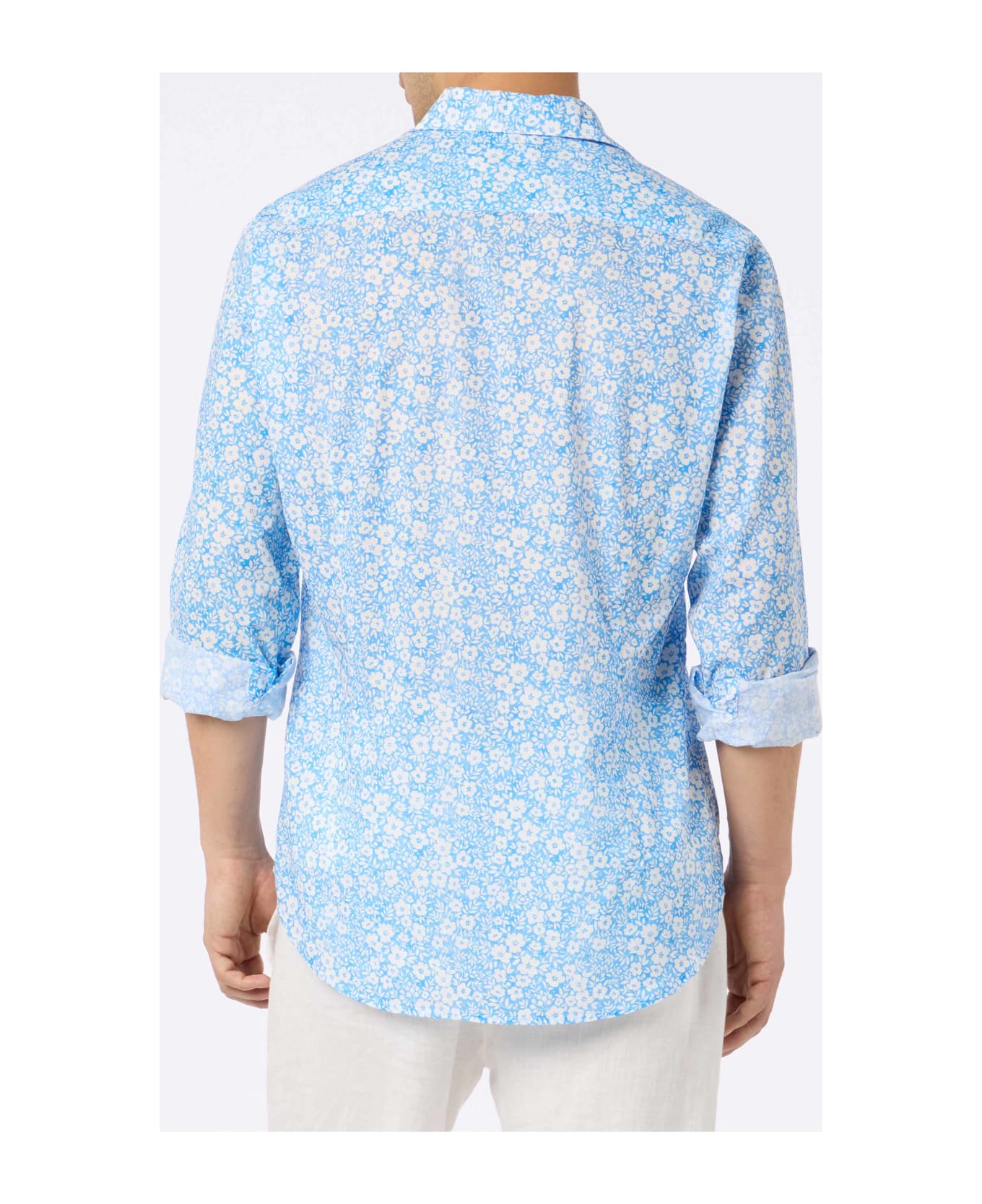 MC2 Saint Barth Man Muslin Cotton Shirt Sikelia With Micro Flower Print - SKY