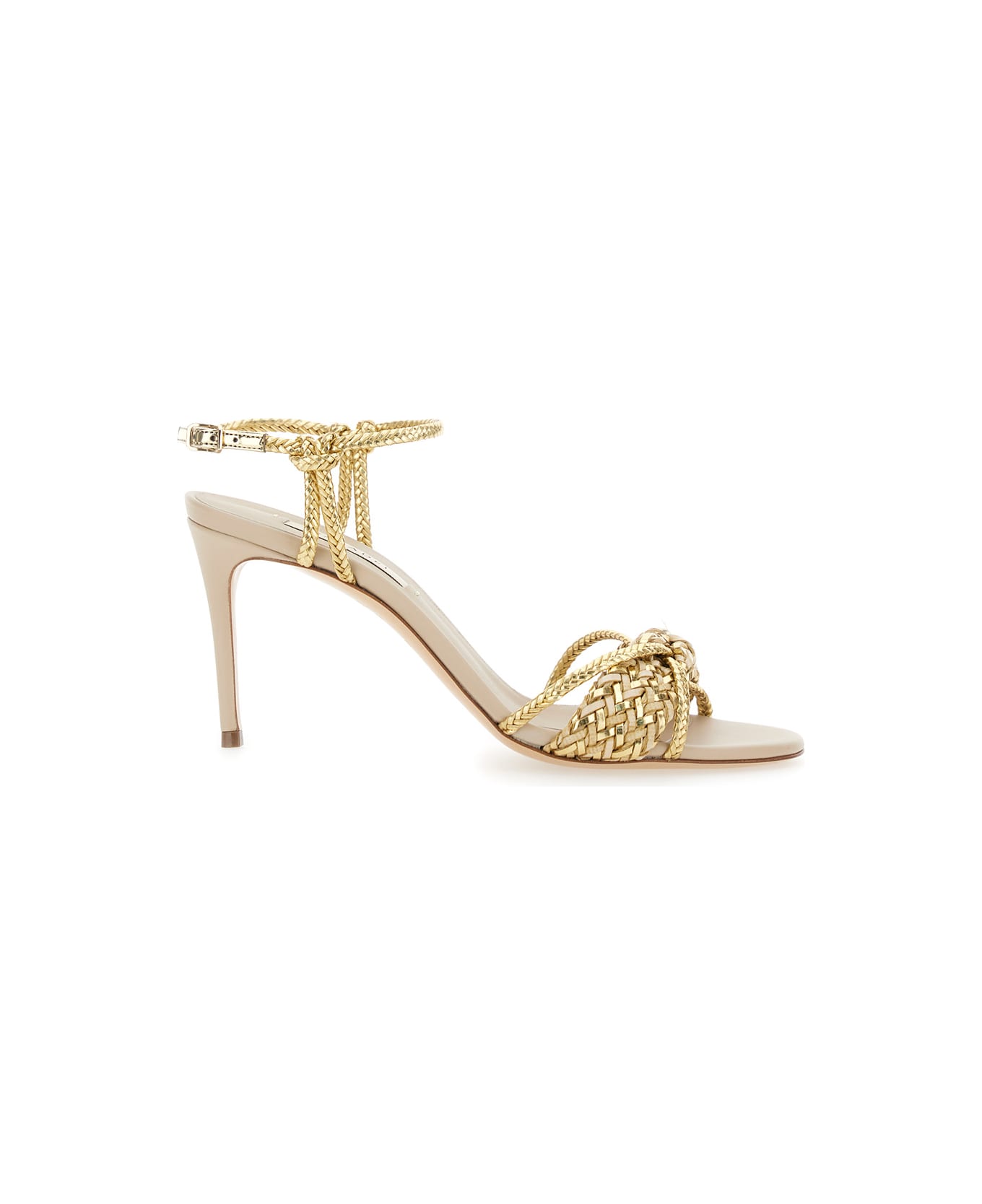 Casadei 'giulia Marbella' Gold Colored Sandals With Buckle Closure And High Stiletto Heel In Fabric Woman - Metallic