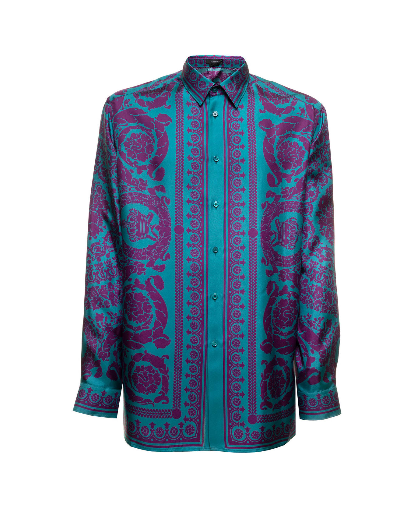Versace Purple And Light Blue Shirt In Silk Twill With Barocco Pattern Versace Man - Violet