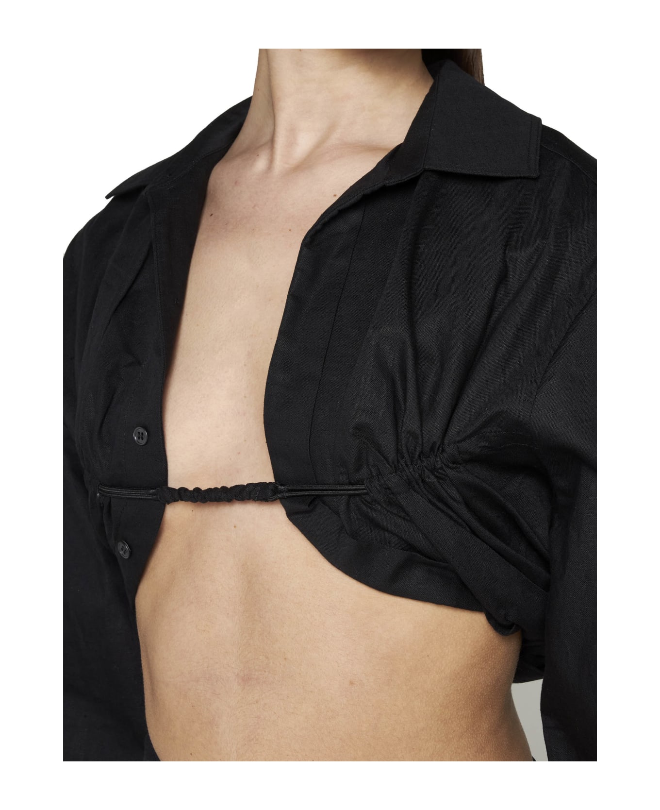 Jacquemus 'le Chemise Machou' Black Gathered Cropped Shirt In Cotton And Linen Woman Jacquemus - Black