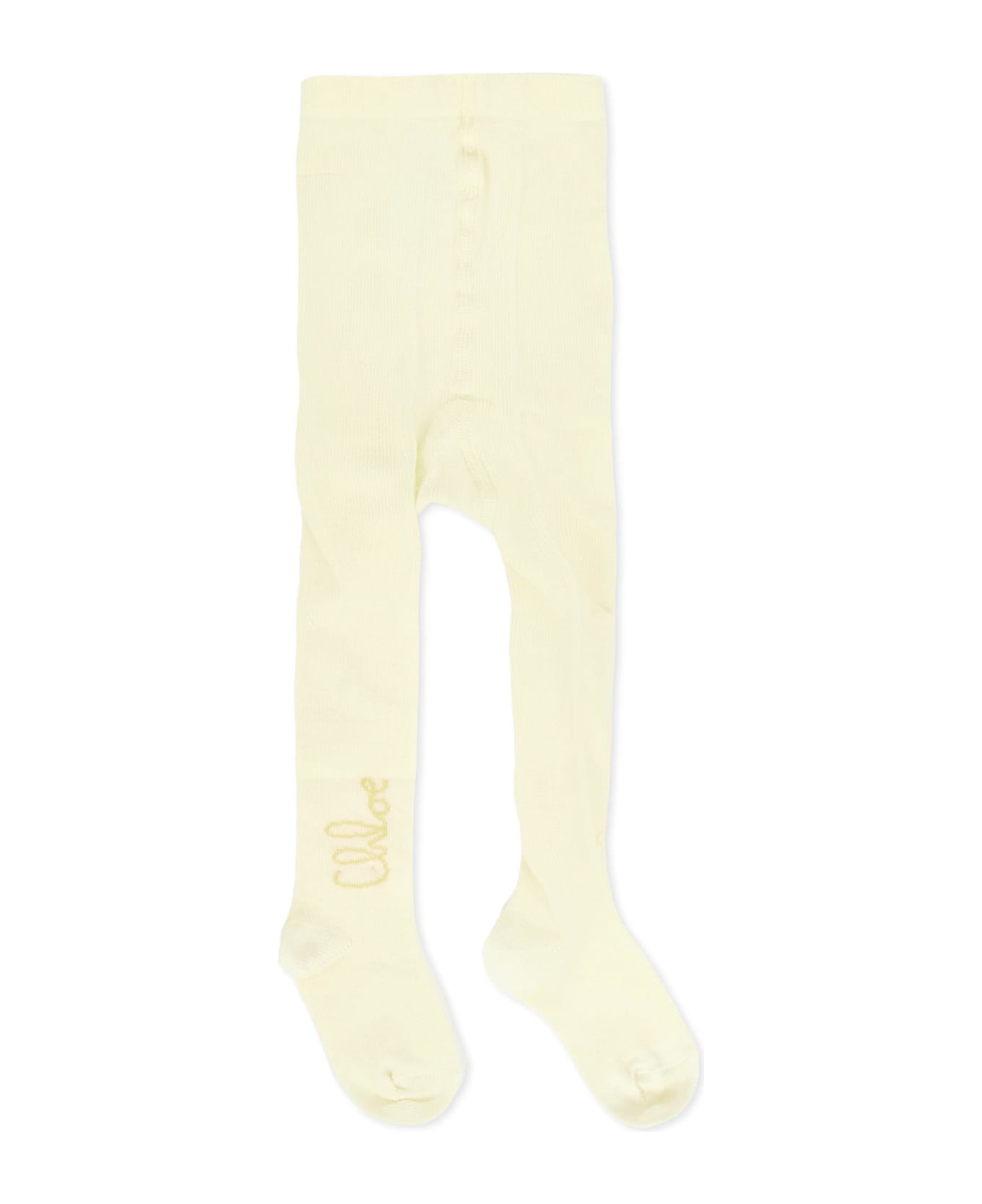 Chloé Ivory Tights For Baby Girl With Gold Logo - Ivory