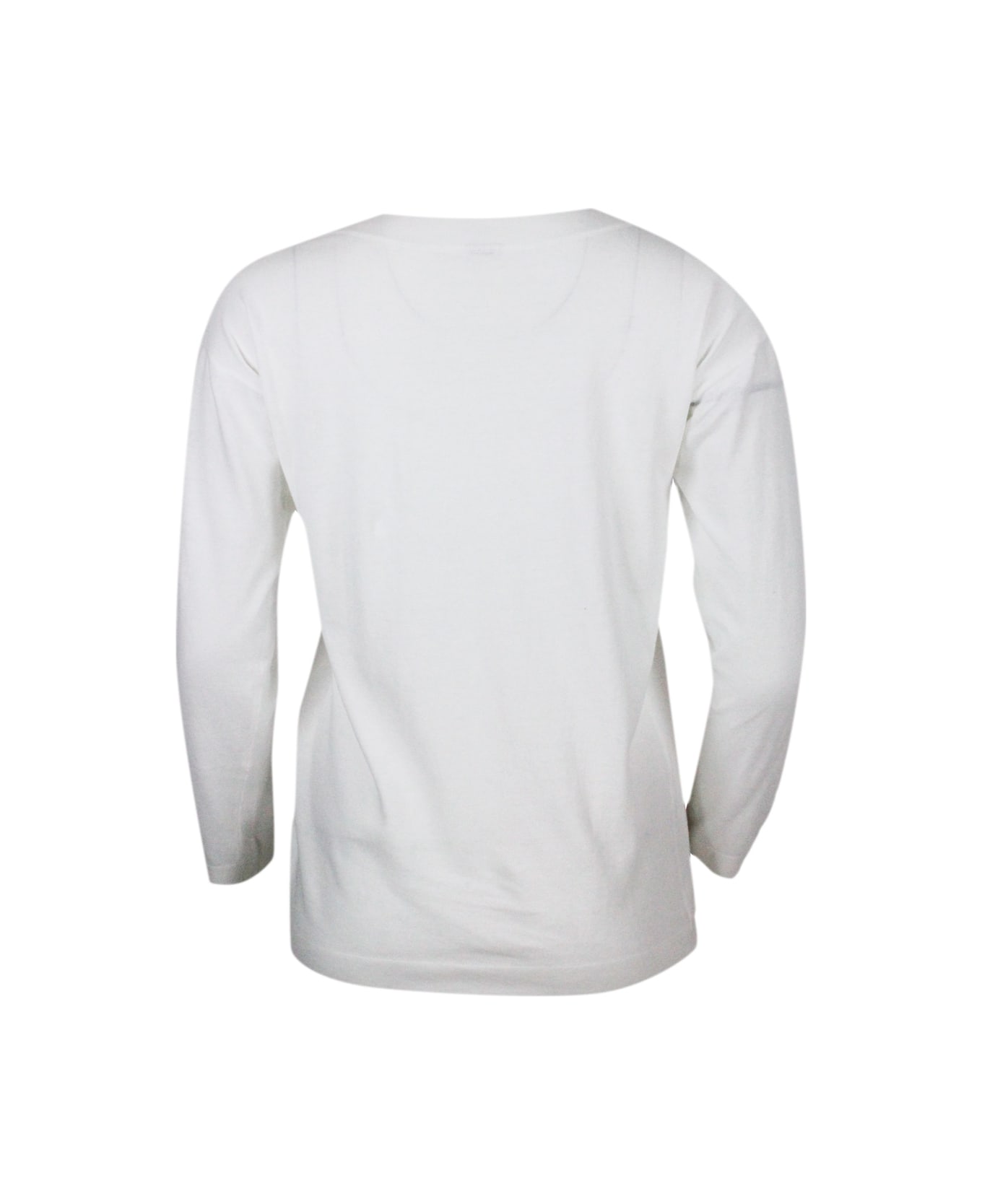 Malo Crew-neck, Long-sleeved Shirt In Cotton Thread With Buttons On The Shoulder - White