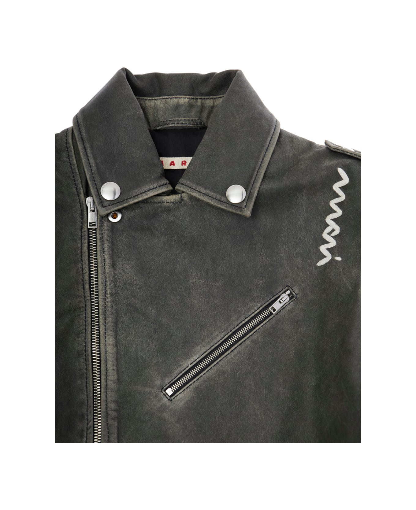 Marni Black Jacket With Distressed Effect And Logo On Front In Leather Boy - Black
