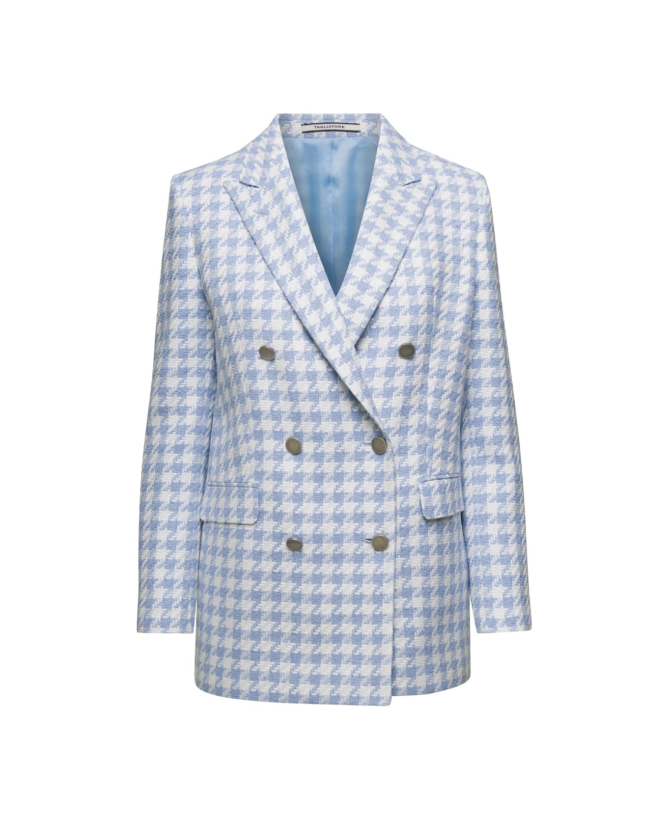 Tagliatore Light Blue Houndstooth Double-breasted Blazer In Linen Blend Woman - Blu ブレザー