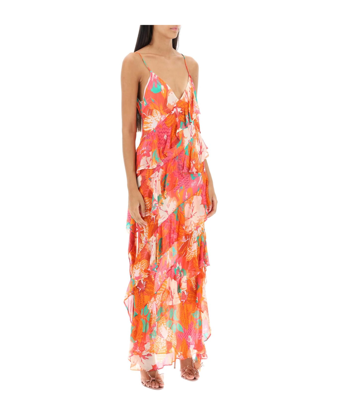 MSGM Maxi Frilled Dress With Tropical Motif - RED