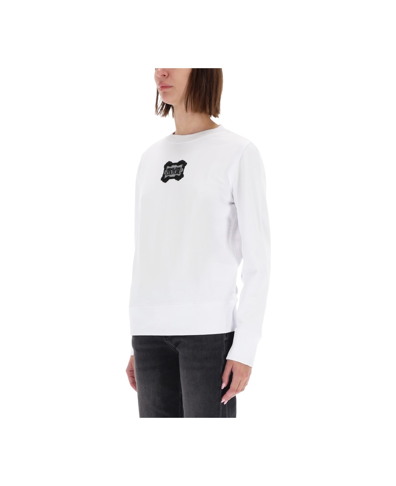 Versace Jeans Couture Sweatshirt With "baroque" Logo Patch - WHITE