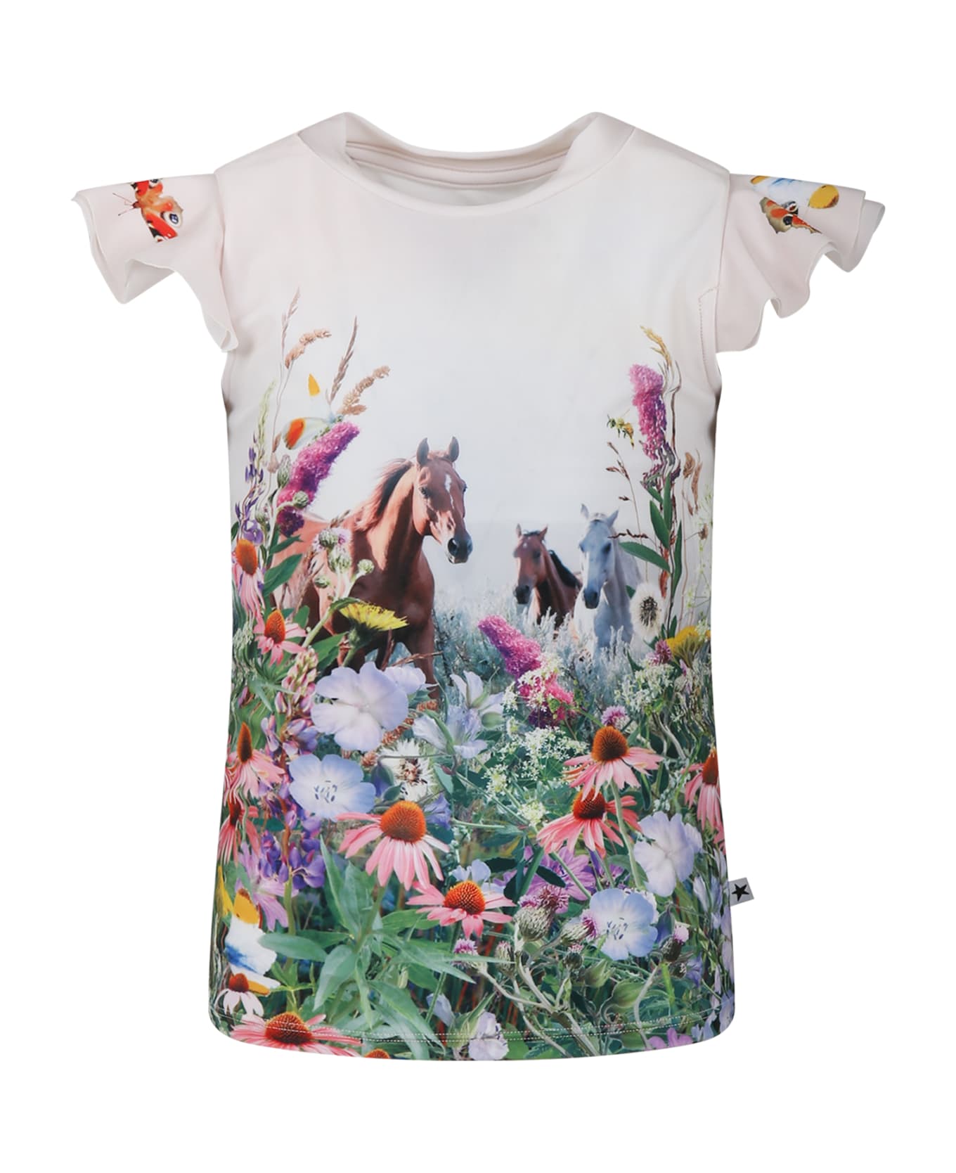 Molo Ivory Anti Uv T-shirt For Girl With Horses And Flowers Print - Ivory